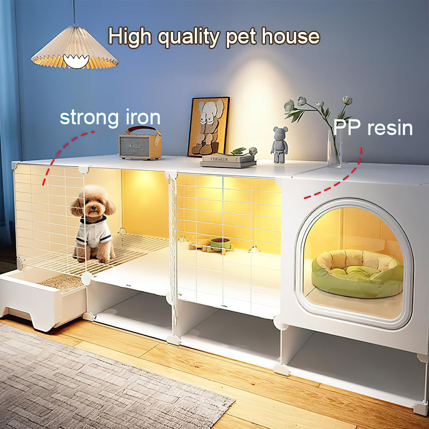 XXYSPT Cat Cage Cat House for Indoor Cats and Small Dogs, 2-Tier Large Enclosure with Litter Area, Storage, Cozy Bed Space, Transparent Panels & Top Fence, Modern White, 140X45X52Cm (55X17.7X20.5In) image number 2