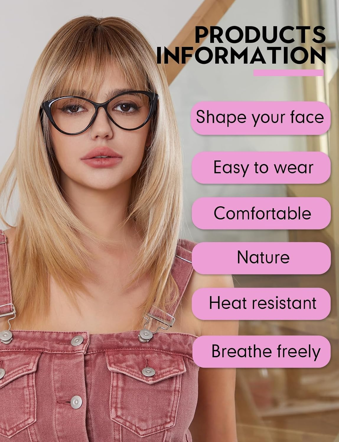 WOKESTAR Long Straight Wigs for Women with Fringes, Layered Synthetic Blonde Colour Wigs for Women - Blond image number 2