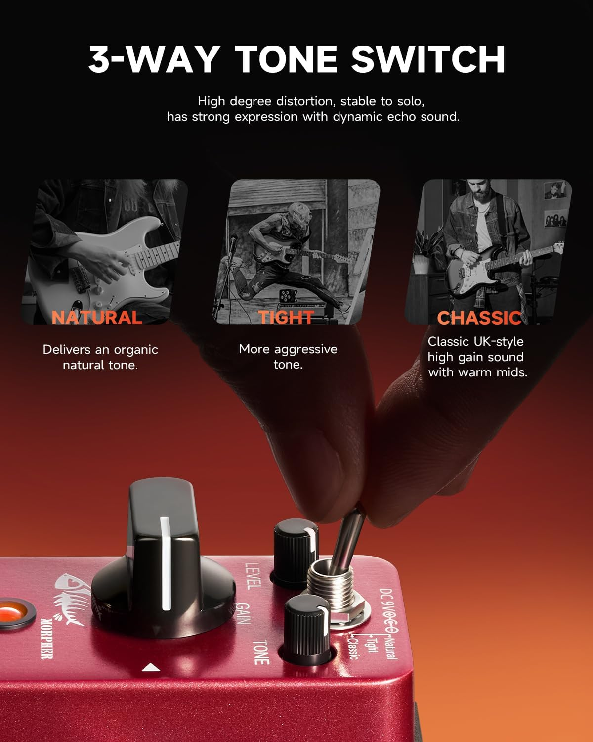 Donner Distortion Guitar Pedal, Morpher Distortion 3 Modes Natural Tighter Classic Crunch 80 Metal for Electric Guitar True Bypass - Distortion image number 5