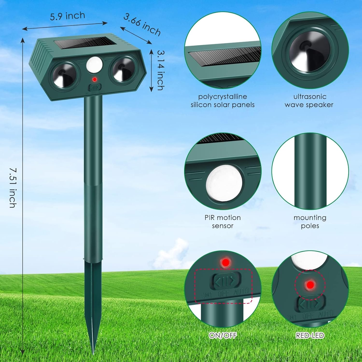 ​Cyperever Solar Powered Ultrasonic Animal Repeller Outdoor, Cat Repellent Possum Deterrent Bird Deterrent Snake Repellent, Motion Sensor & Dual Speakers for Dogs Foxes Rodents​​ 4 Pack image number 5