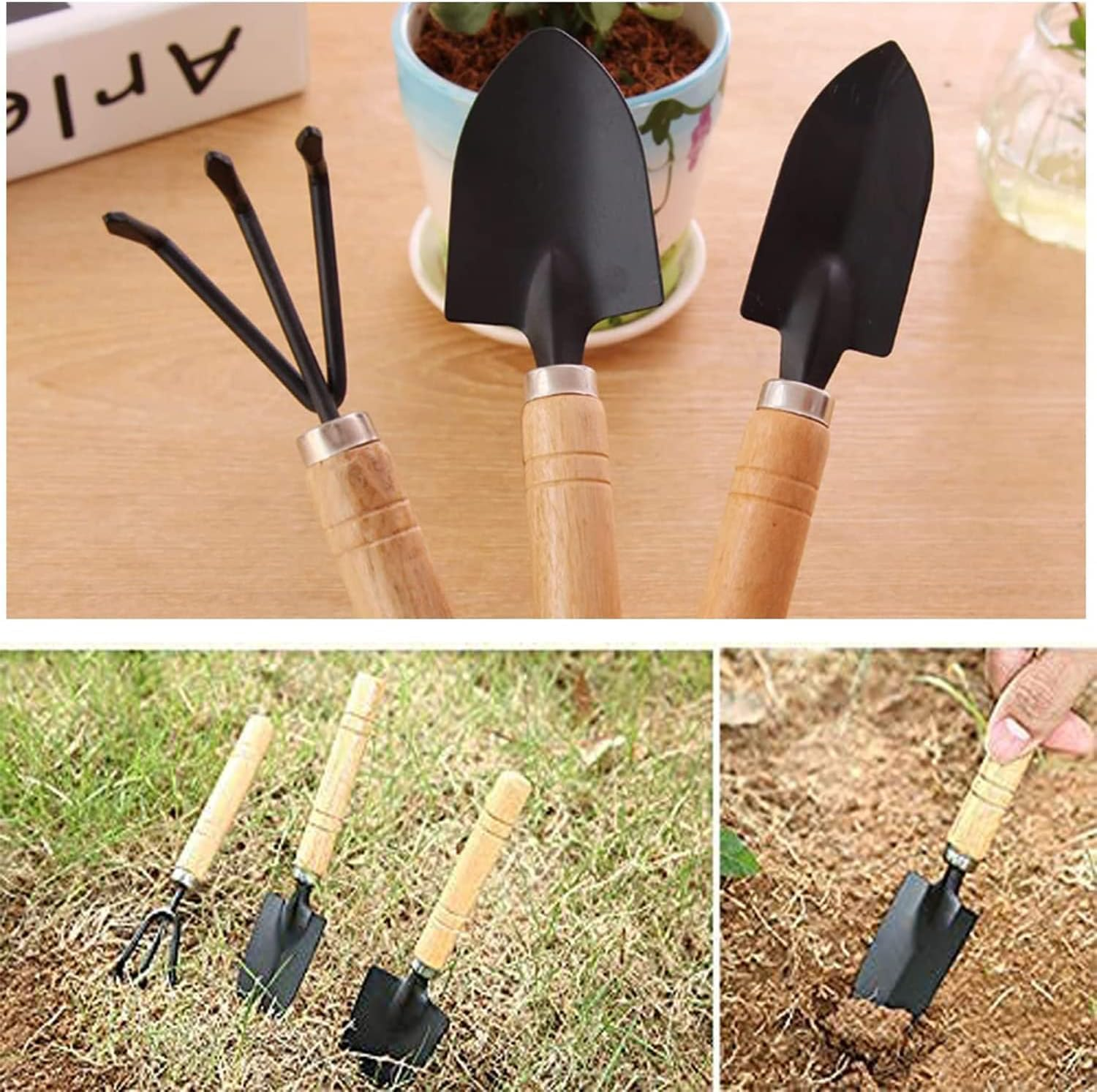 Shuoteng Mini Garden Spade Shovel and Rake Tool Set, 6 Piece Small Handheld Shovel Spade Rake Tool, Small Fork Trowel Shovel Rake Spade for House Plants image number 3