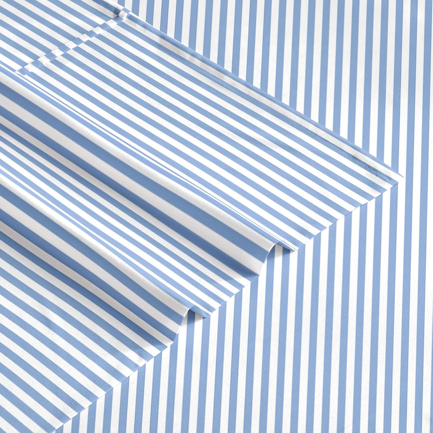 Wake in Cloud - Striped Bed Sheets Set, Ultra Soft Microfiber Ticking Stripes Pinstripe Pattern Printed Bedding, Flat & Fitted Sheet & 2 Pillowcases, 4 Piece, Blue, Queen Size image number 6