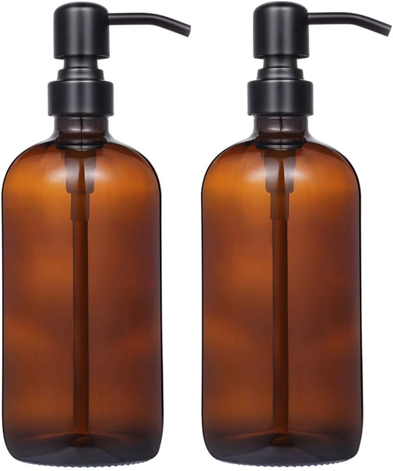 2 Pack Thick Amber Glass Pint Jar Soap Dispenser with Matte Black Stainless Steel Pump, 16Ounce Boston round Bottles Dispenser with Rustproof Pump for Essential Oil, Lotion Soap