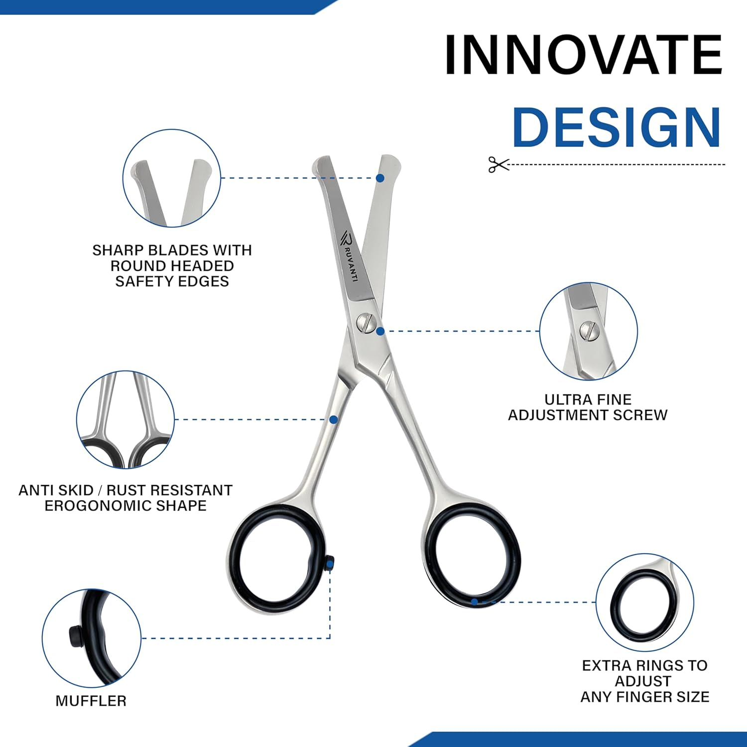 Ruvanti 5.2" Kids Hair Cutting Scissors - Safety Rounded Tip Barber Shears for Children, Infants & Facial Hair Trimming - Sharp Stainless Steel Blades, Ergonomic Grip - Ideal for Home & Salon Use image number 3