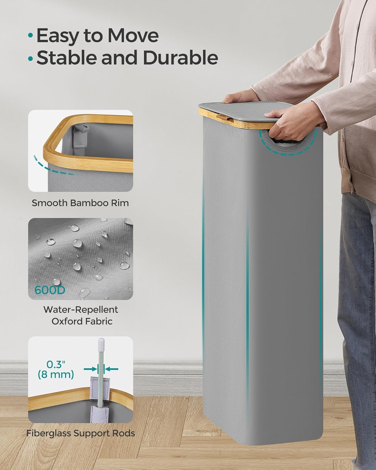 SONGMICS Laundry Hamper with Lid, Slim Laundry Basket, 17.2 Gallons (65L), Space-Saving, Removable Mesh Liner, Bamboo Handles, Collapsible, 16.5 X 8.9 X 27.8 Inches, Dove Gray ULCB506G01 image number 5