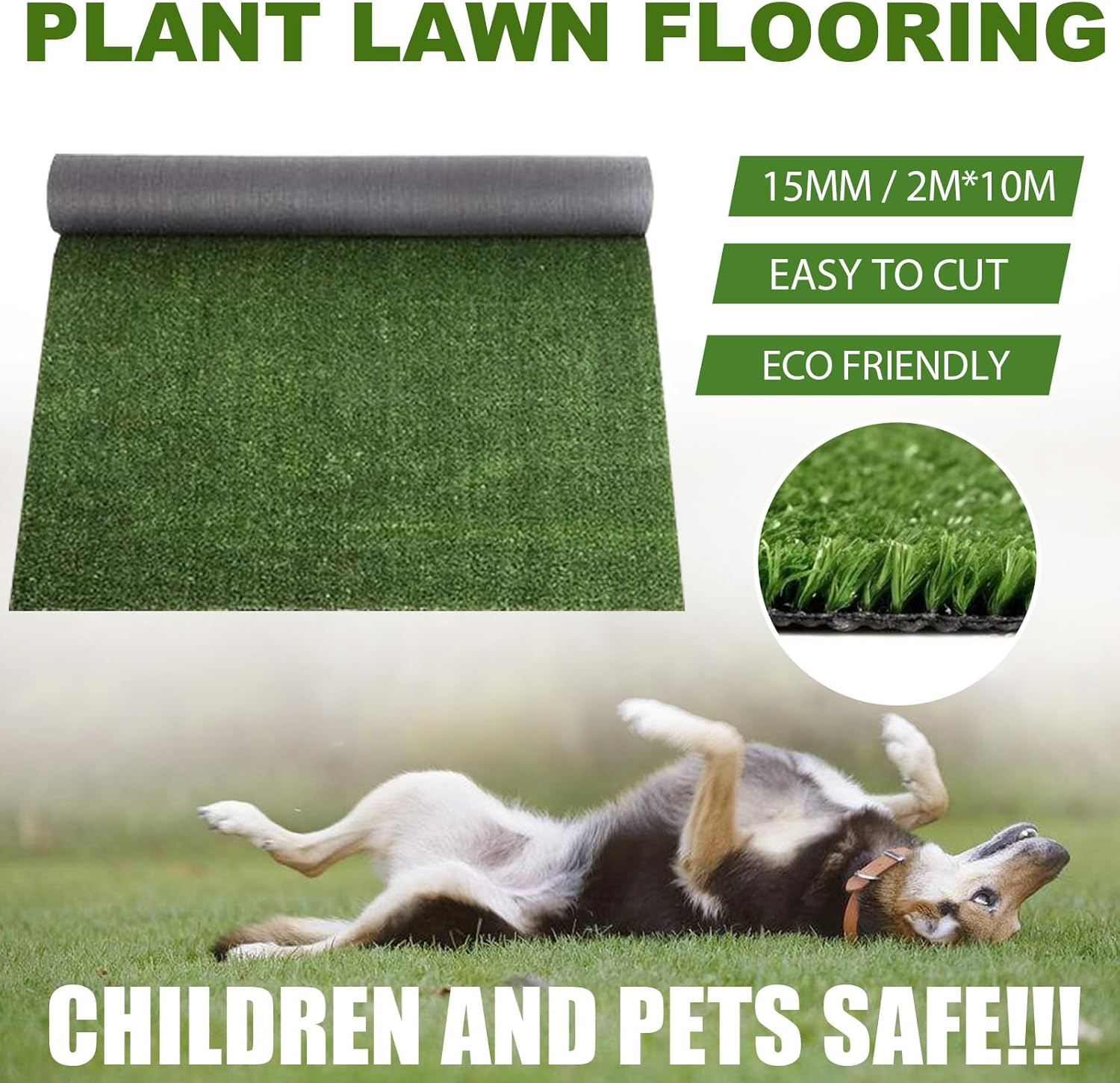 MSKIRA Artificial Turf Rug Synthetic Turf Artificial Grass 15Mm 2X5M/10SQM Green Plastic Fake Grass Plant Lawn Flooring Outdoor for Garden, Lawn, Patio, Playground ((W X L):2M X 5M(10Sqm))