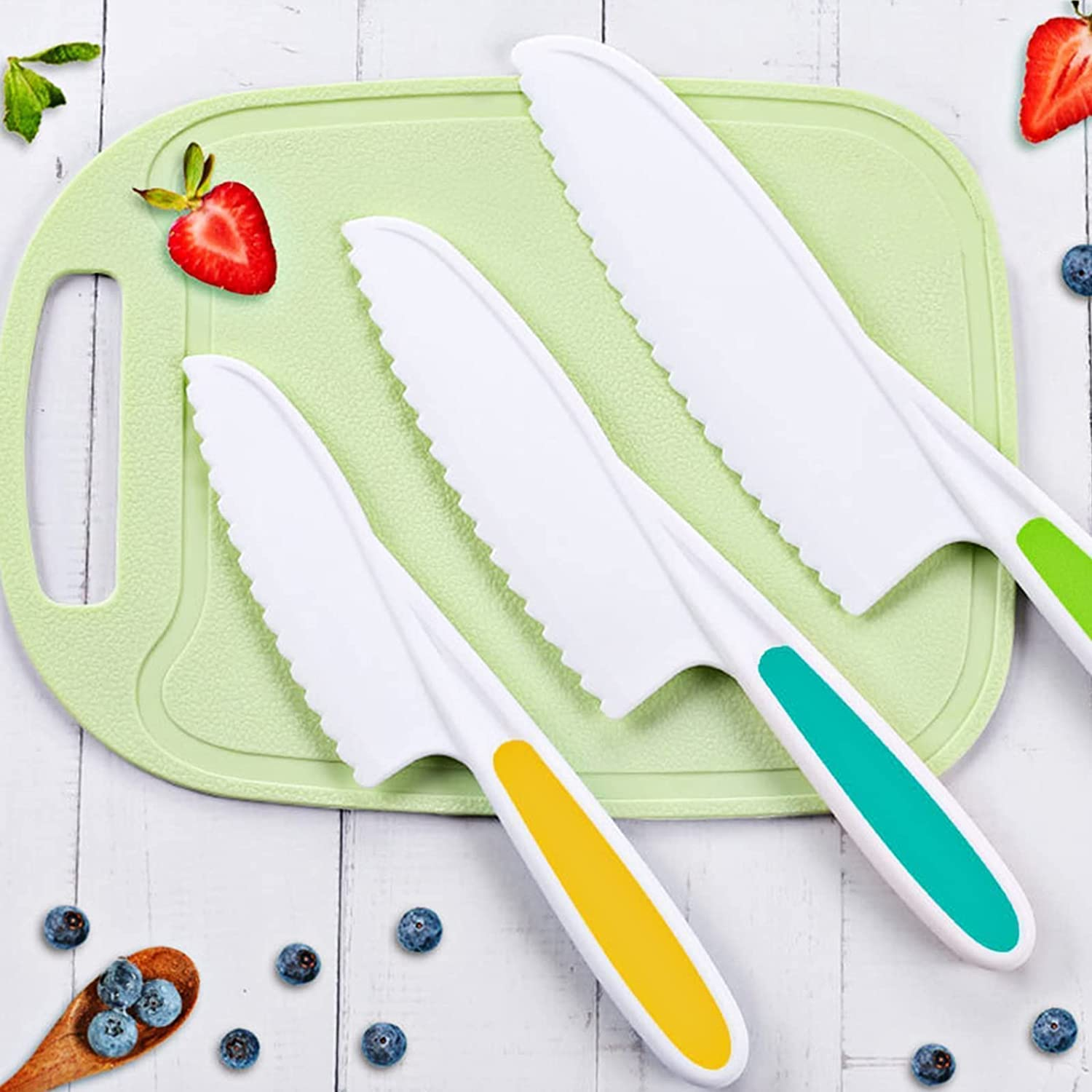 Wooden Kids Knife, Kids Safe Knives Set Include Wooden Toddler Knife for Cooking Plastic Potato Slicers Peeler Serrated Edges Veggies Knives for Kitchen Children Cooking (7PCS) image number 4