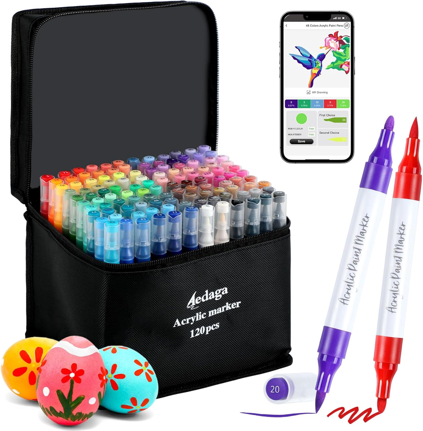 120 Colors Acrylic Paint Pens with Free App, Dual Tip Acrylic Paint Markers with Brush Tip and Fine Tip for Adults, Kids, Eggs, Wood, Rock, Canvas, Plastic, Stone, Glass, Ceramic