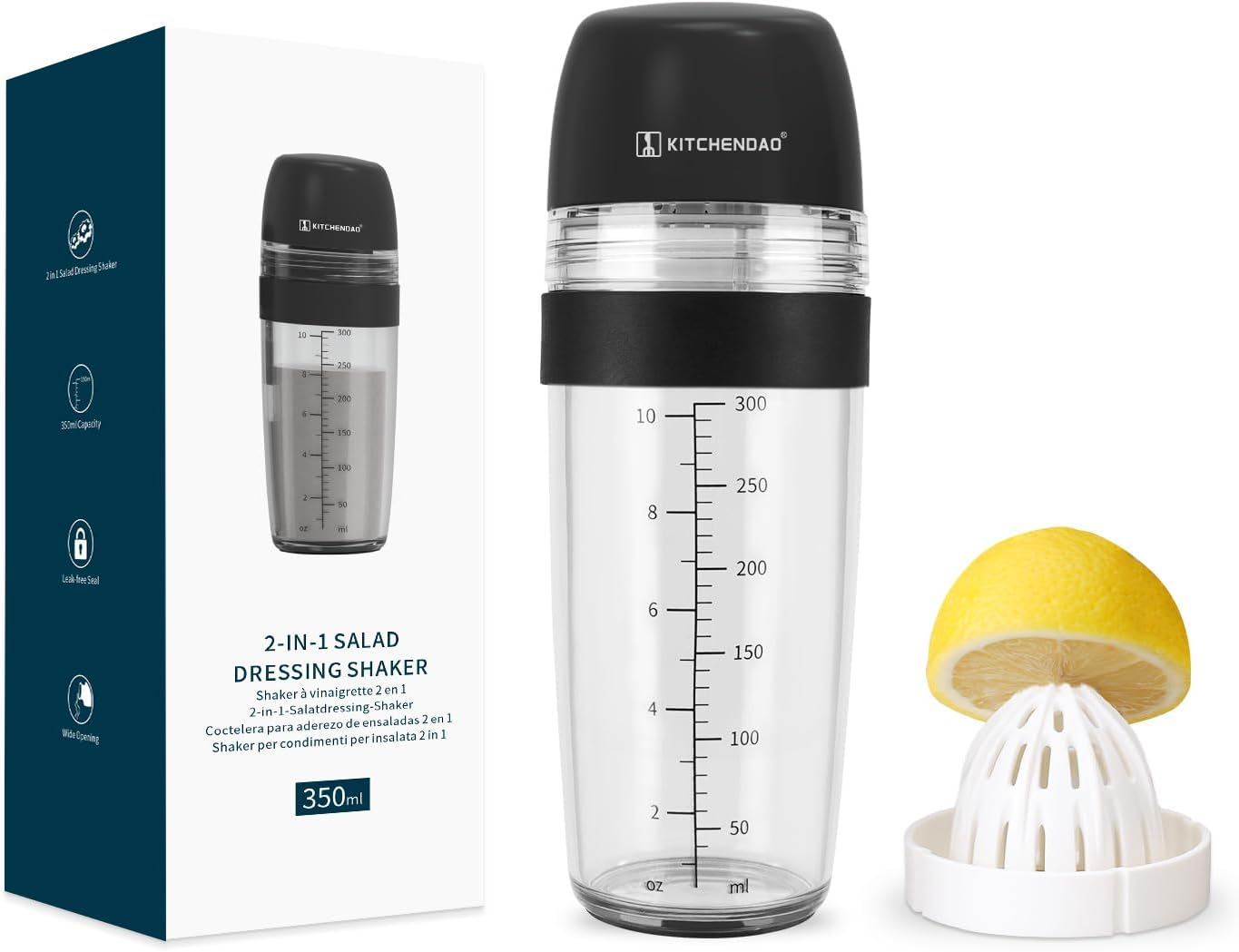 KITCHENDAO 2 in 1 Salad Dressing Shaker Container with Juicer, Pour Spout, Leakproof, Dishwasher Safe, BPA Free, Travel Homemade Oil and Vinegar Salad Dressing Bottle Mixer Dispenser, 1-1/2 Cups
