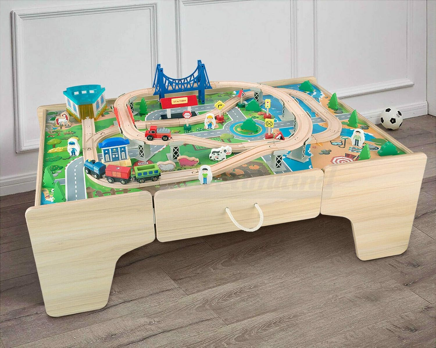 Kids Wooden Train Set Railway Activity Track Set Play Table with Storage Drawer 80PC 107(L) X63(W) X40(H) Cm
