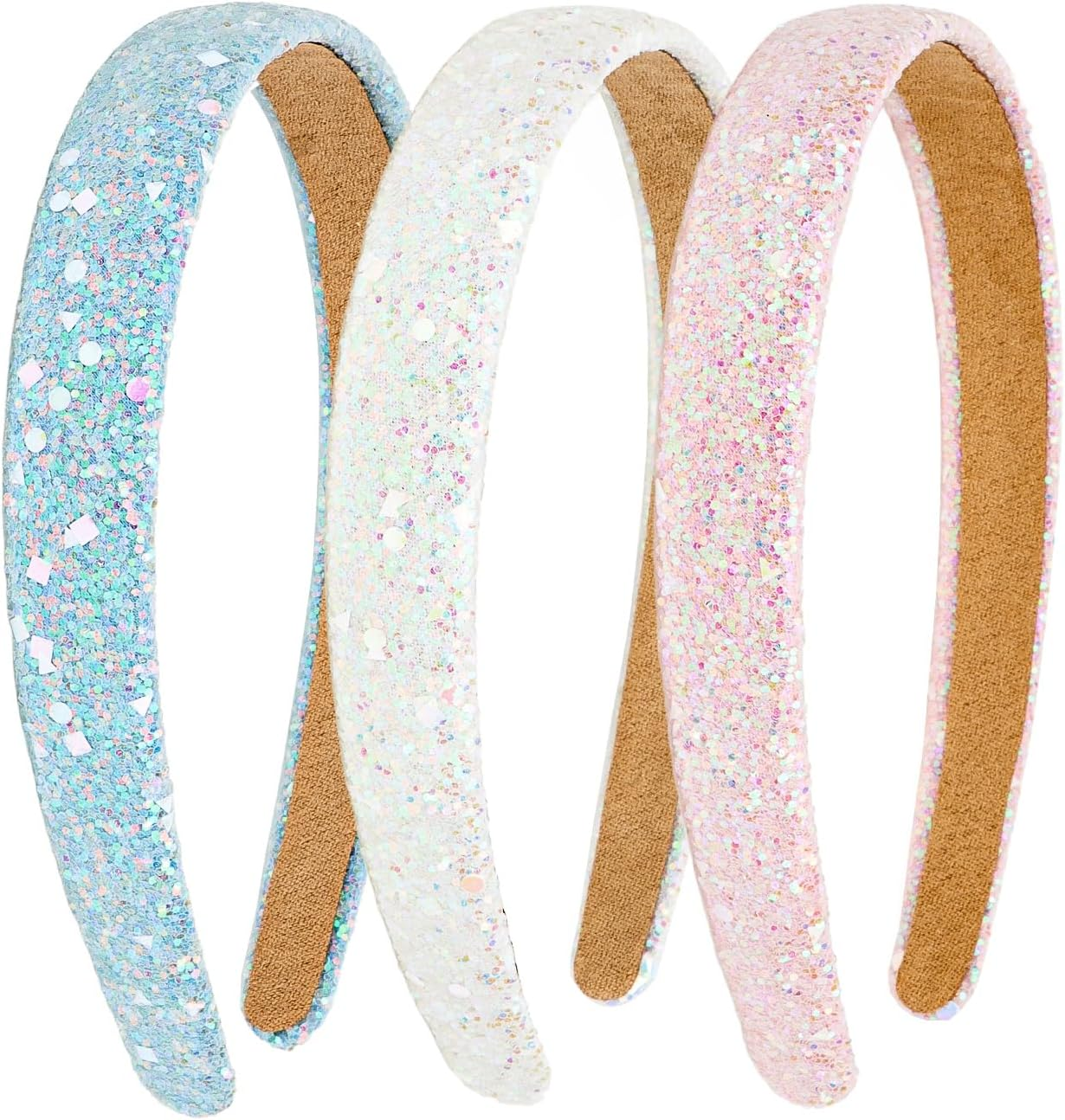 Glitter Headbands for Girls, 3PCS Cute Sequin Headbands for Women Sparkly Headband Bling Hair Bands, Head Bands for Girls Hair Accessories (Pink, Blue, White) image number 1