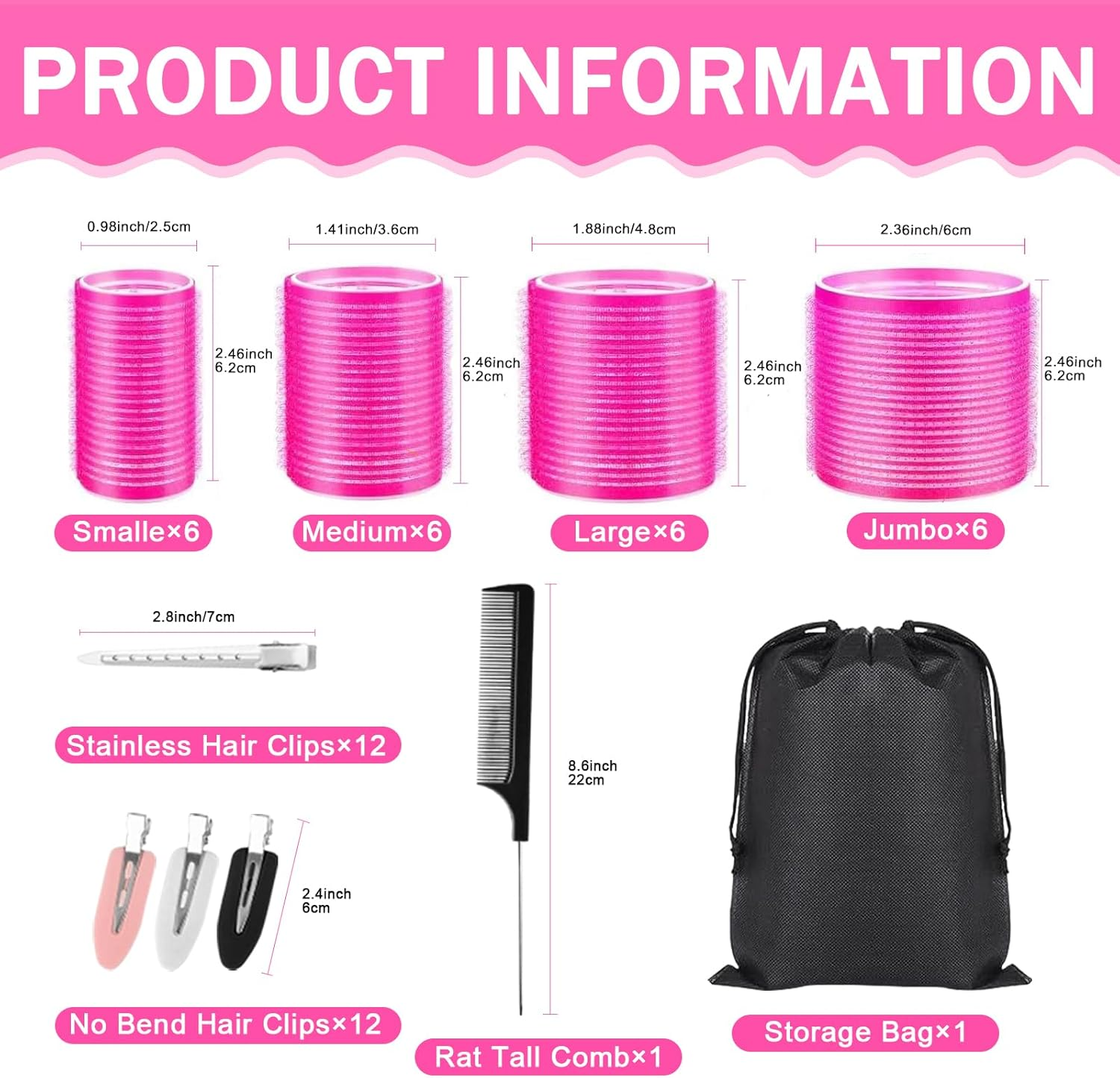 Jotia 50Pcs Hair Rollers Set, Including 24Pcs 25Mm/36Mm/48Mm/60Mm Self Grip Curler Roller, Clips, Comb and Storage Bag, Hair Heatless Roller Hair Curlers Set for All Hair Types (Rose Red)