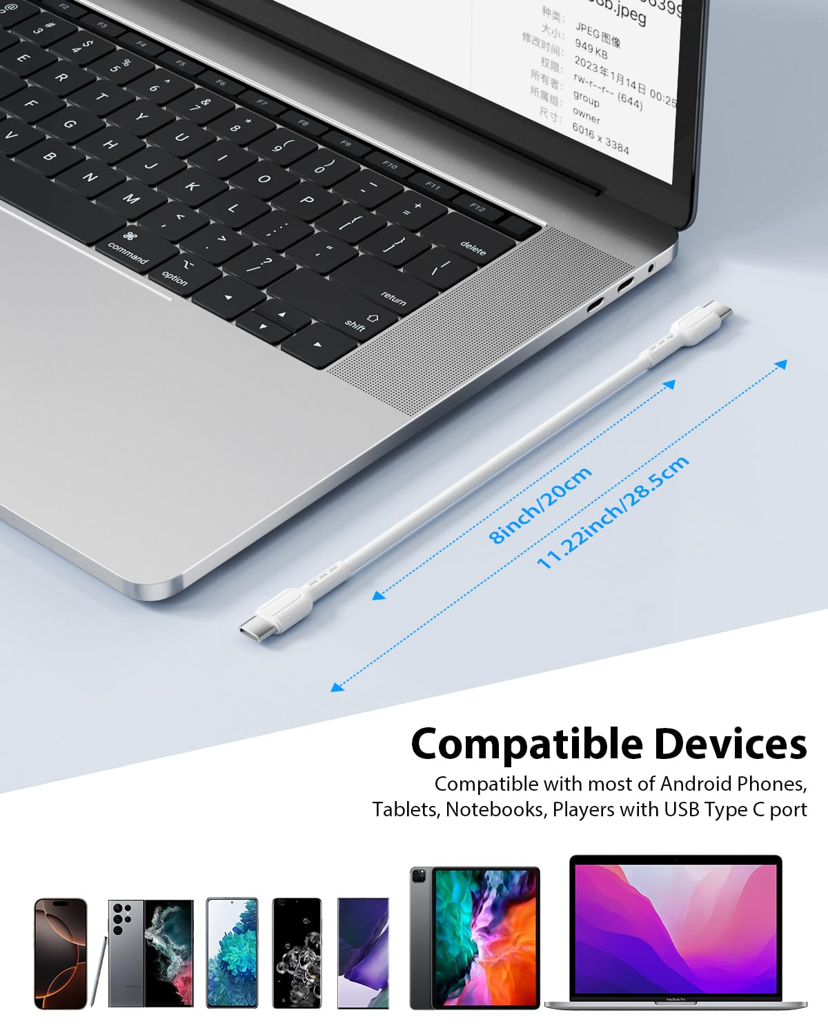 Soopii 10-Pack 8 Inch USB C to USB C Cables,0.7Ft 60W Short Type C Fast Charging Cables for Lphone 15/16,Pro/Plus/Pro Max,Galaxy S24/S23,Ipad,Macbook,Charging Station and Power Bank Accessory(White)