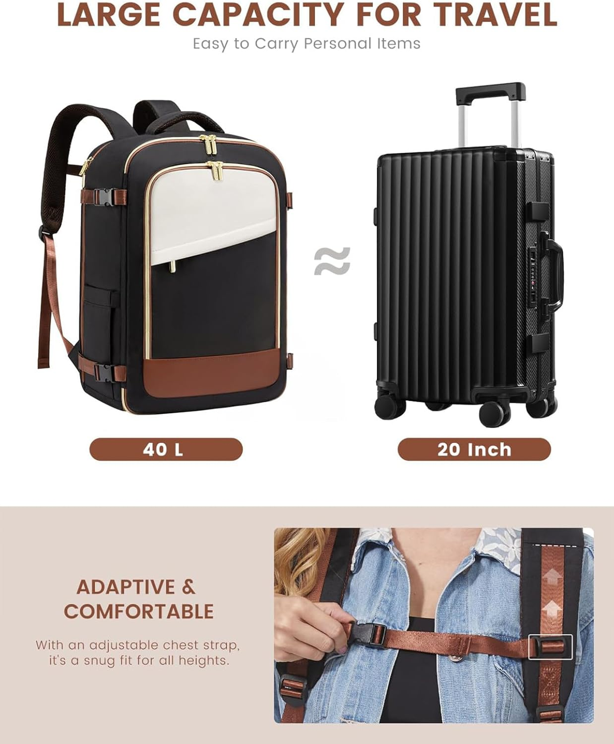 MOTYYA Travel Backpack for Women, 40L Carry on Backpack Flight Approved, Large Personal Item Bag Waterproof Business Rucksack Fits 17 Inch Laptop, TSA Approved Luggage Gym Daypack with 3 Packing Cubes image number 3