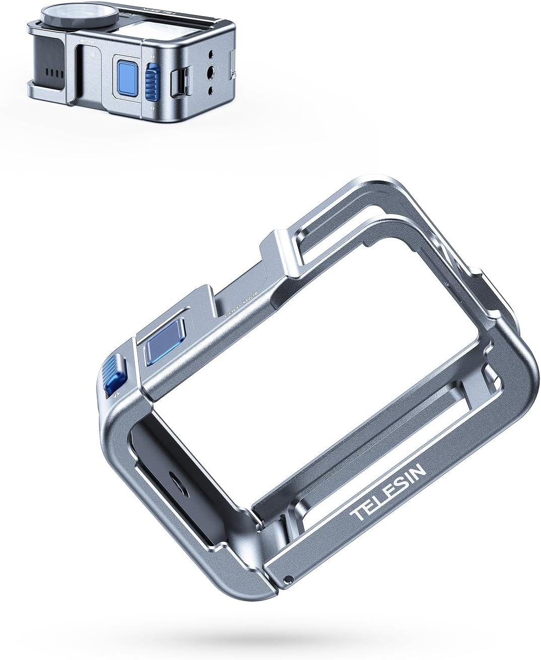 TELESIN 54G Ultra-Light Camera Cage for DJI Action 5 Pro Action 4 Action 3, Protective Cage Video Rig with Cold Shoe, 1/4" Thread, Shutter Button, Magnetic Quick Release Connector (Carbon Tech Black​)