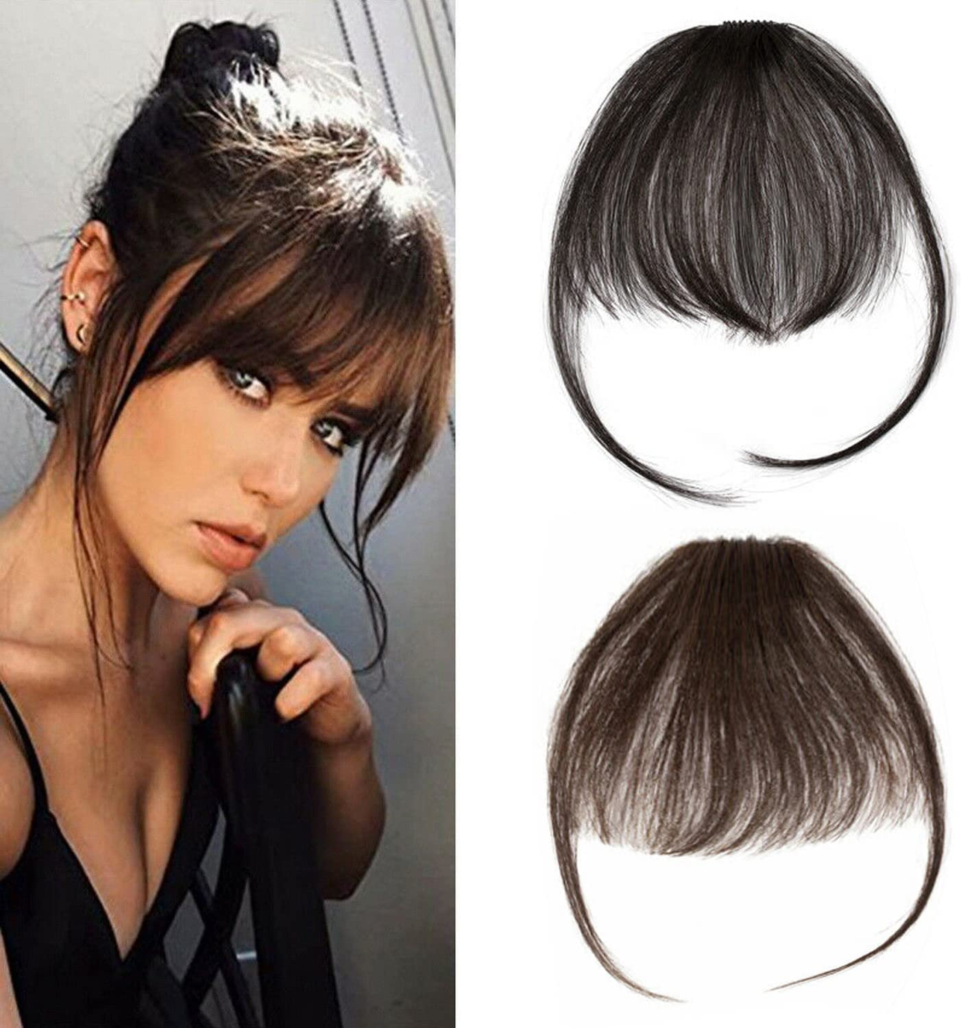 Women Thin Neat Air Bangs Hair Extensions Clip in on Fringe Front Hairpiece Front Neat Bang Fringe One Piece Striaght Hairpiece Accessories (Black)
