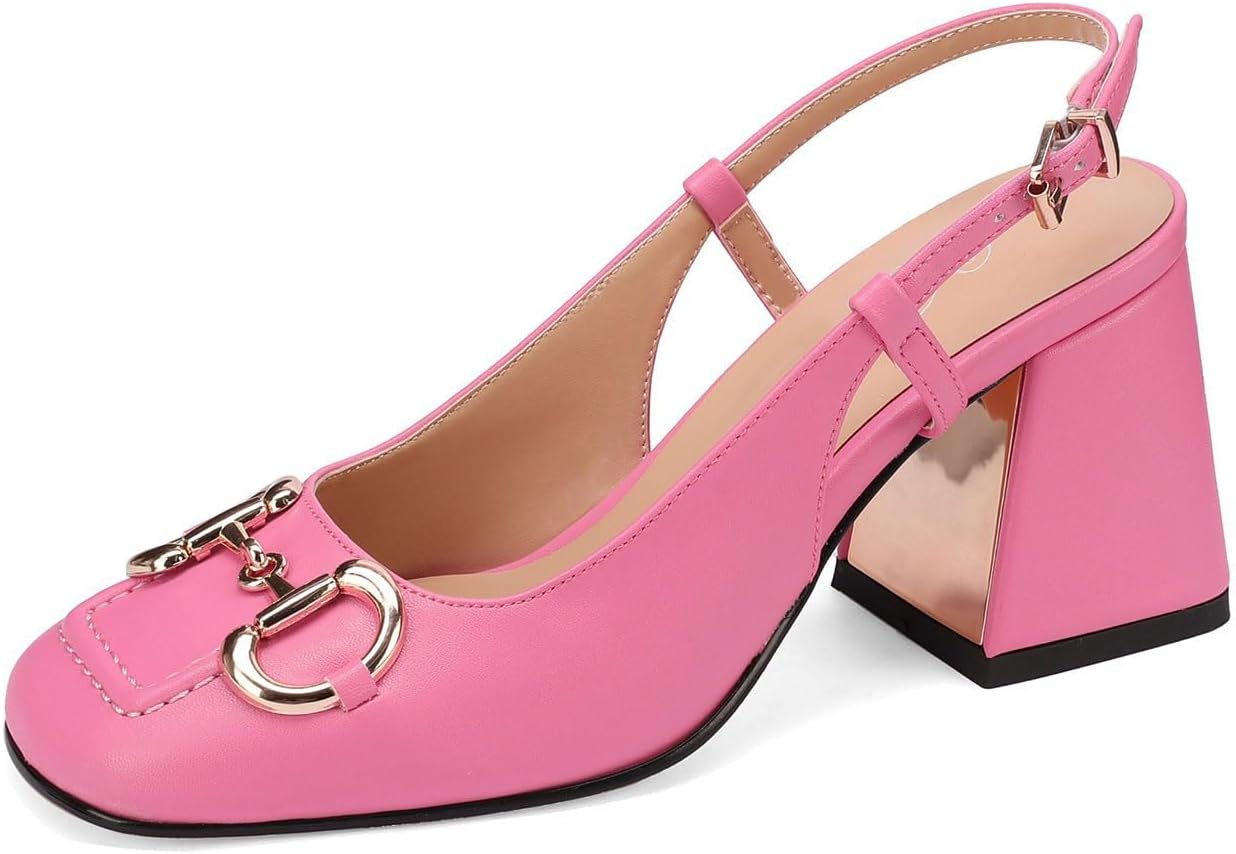 Women'S Fashion Square Closed Toe Slingback Pumps with Buckle Chic Gold Buckle Block Heel Slingback Shoes Work Date Dressy High Heel Slingbacks for Women