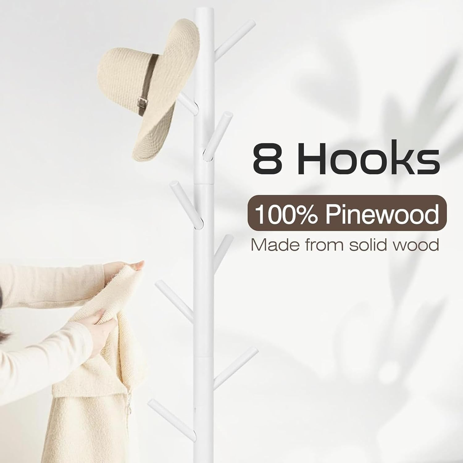 Uandhome Coat Racks Free Standing, Sturdy Wooden Coat Tree with 8 Hooks and Adjustable Size Coat Hanger Standing Tree for Coats, Hats, Scarves and Handbags for Entryway, Hallway, Bedroom, Office image number 6