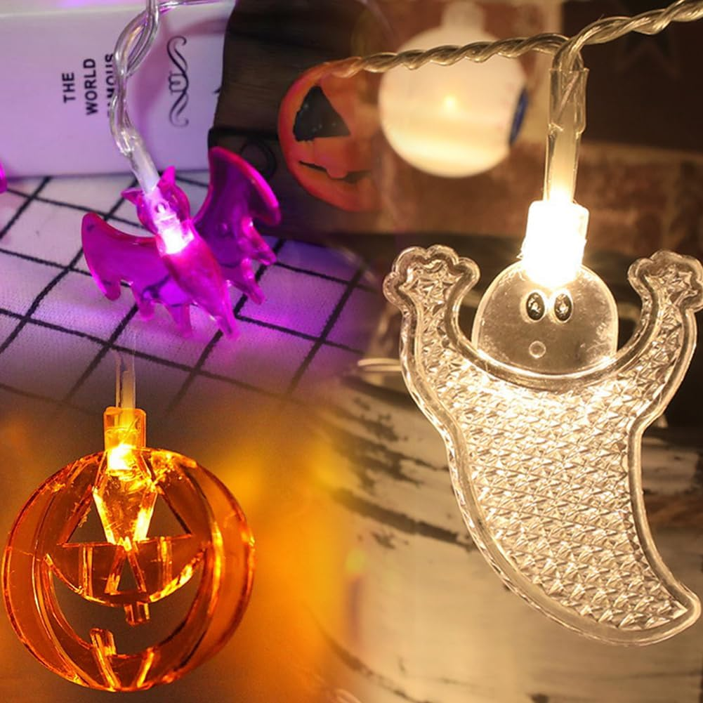 Halloween Fairy Lights, Pack of 3 Ghost Bats Pumpkin Fairy Lights, 3 Metres, 20 Leds, Orange Pumpkins, Purple Bats, White Ghost Lights, for Halloween Decoration, Carnival, Porch, Window image number 6
