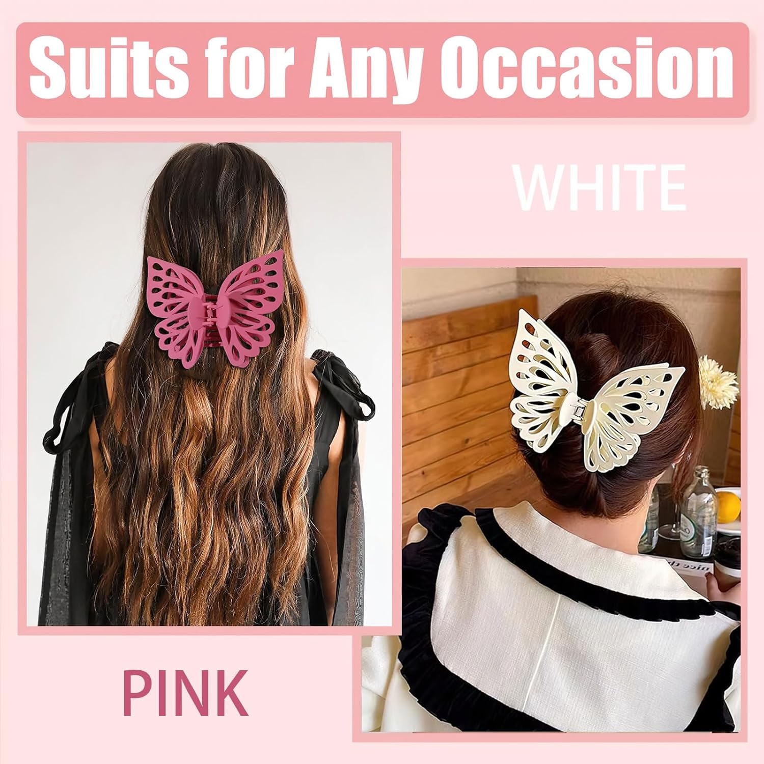 2 Pcs Large Butterfly Hair Clips, Pink and White Hollow Matte Butterfly Hair Claws Strong Hold Non-Slip Hair Accessories for Thick Thin Hair Barrettes for Women(5.51 Inch) image number 5