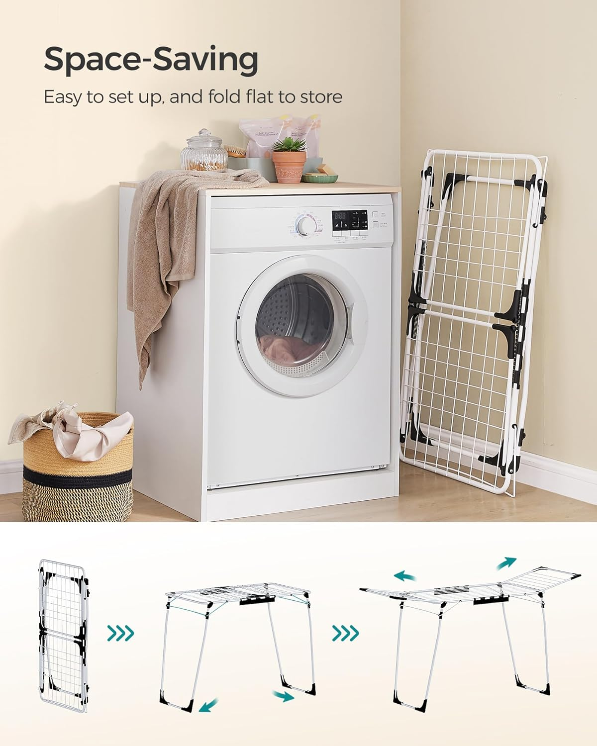 SONGMICS Clothes Drying Rack, 22.2 X 68.1 X 38 Inches Laundry Drying Rack Foldable, Space-Saving, with Gullwings, Sock Clips, Metal Structure, for Clothes, Towels, Linens, White ULLR518W01 image number 6