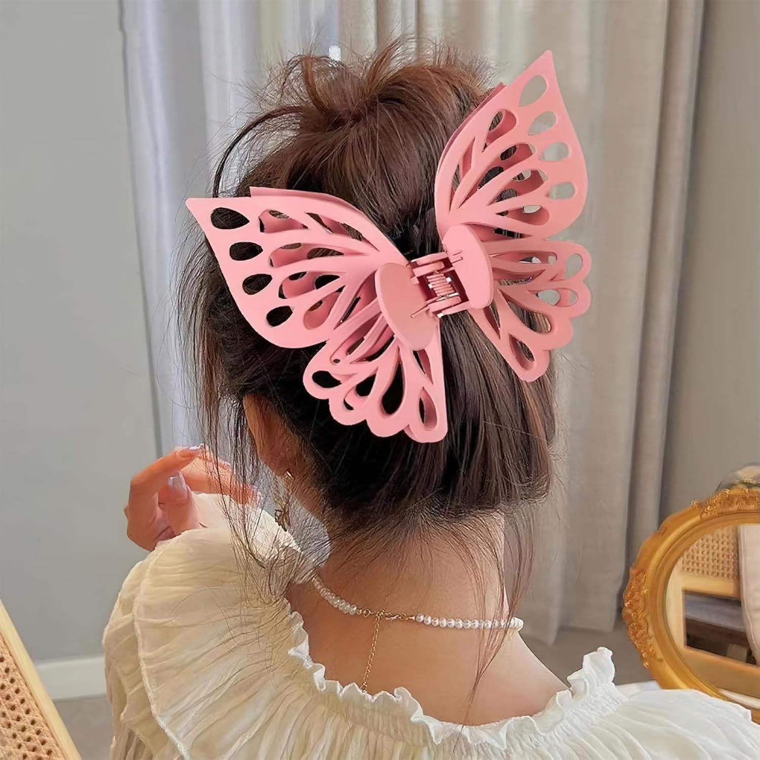 2 Pcs Large Butterfly Hair Clips, Pink and White Hollow Matte Butterfly Hair Claws Strong Hold Non-Slip Hair Accessories for Thick Thin Hair Barrettes for Women(5.51 Inch) image number 3