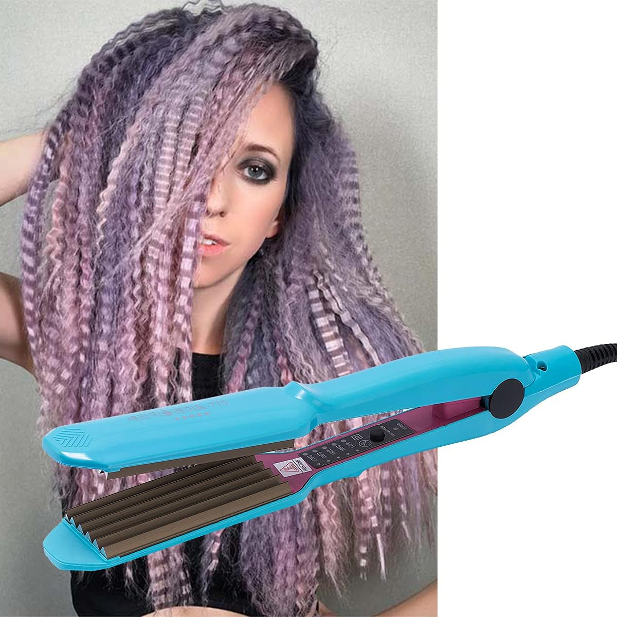 Corrugated Iron Crimped Hair Waving Iron Electric Hair Crimper Curler Irons Beauty Styling Tools Dry & Wet Use with Temperature Control (Blue)