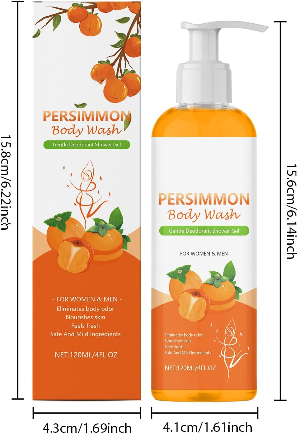 Persimmon Body Wash - Natural Deodorant Shower Gel for Strong Odor Removal, Deeply Cleansing & Moisturizing with with Persimmon & Green Tea Extracts - Fresh Scent for Old People Smell (3) image number 5