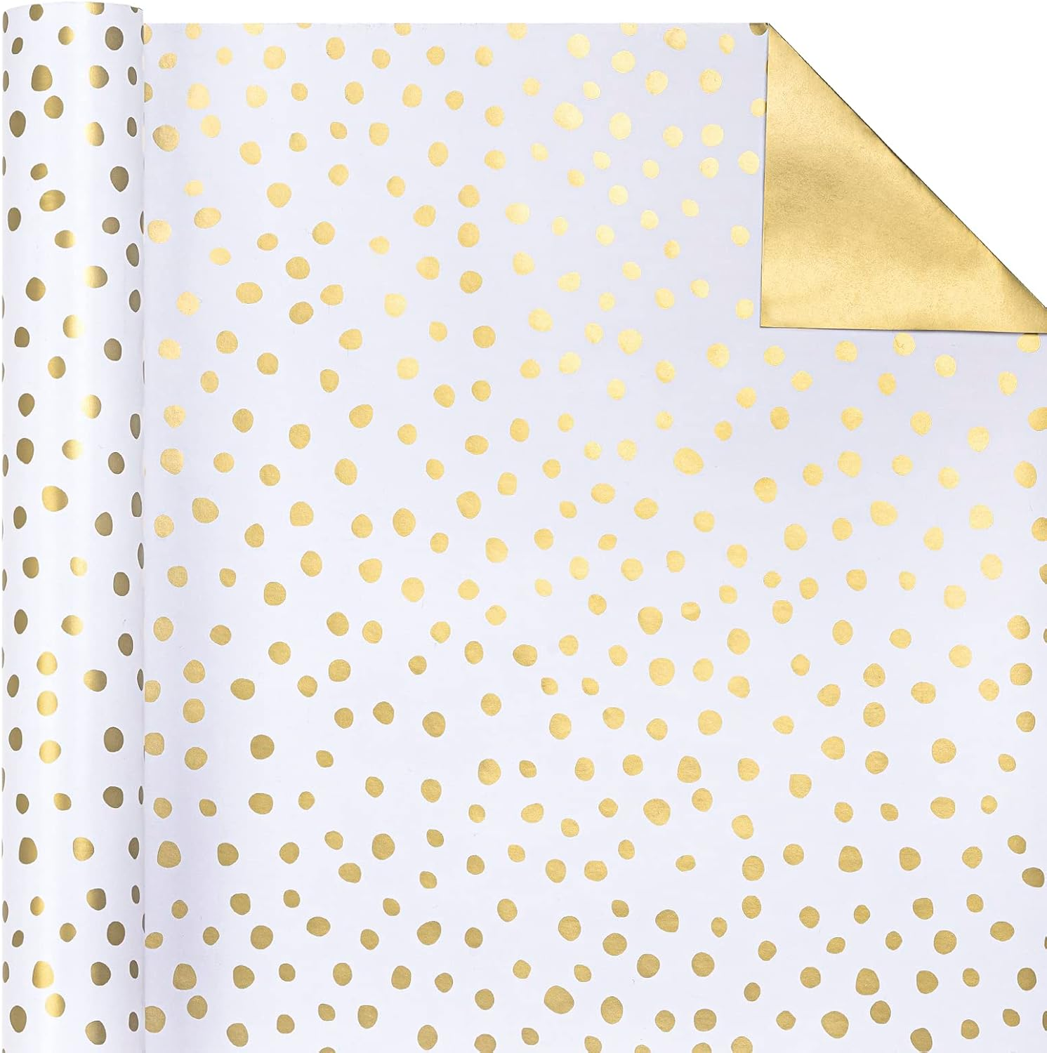 WRAPAHOLIC Reversible Wrapping Paper - Mini Roll - 17 Inch X 33 Feet - Gold Print and Delicate Polka Dots Design for Birthday, Holiday, Wedding, Baby Shower, Gold,White (BZP-17-LC-XDD-GOL), 1 image number 6