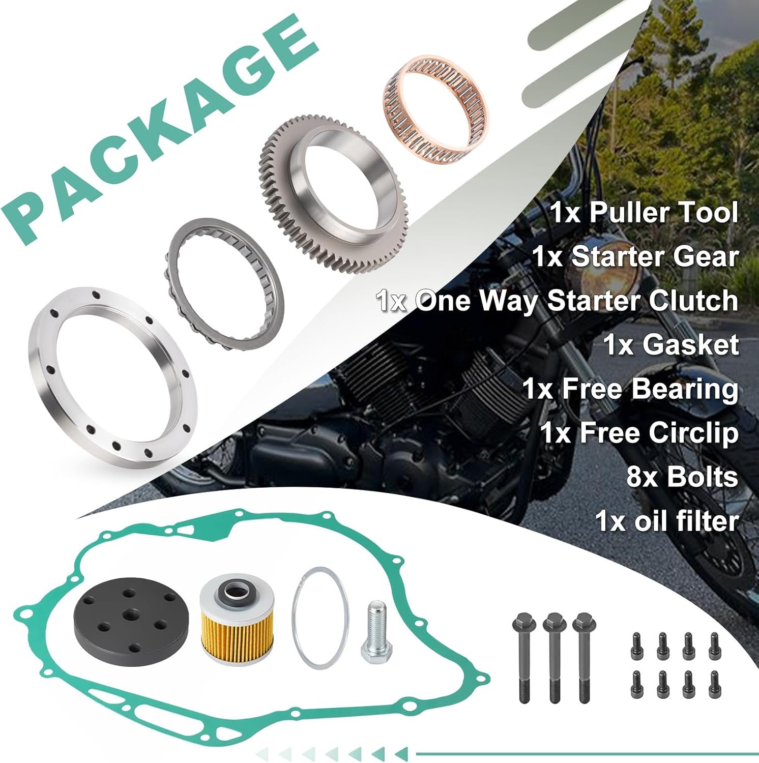 Puller Tool & One Way Starter Clutch Bearing Idler Gear Kit for Yamaha XVS1100 V-Star 1100 1999-2009 image number 3