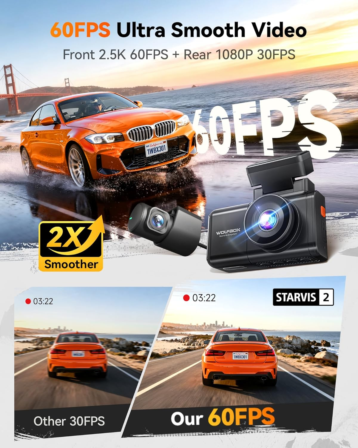 WOLFBOX X3 2.5K 1440P 60FPS Dash Cam, STARVIS 2 IMX675 with ADAS, 1440P+1080P Dual Dash Cam Front and Rear Camera with Built-In 5.8Ghz Wifi & GPS, 64GB Card, Touch Screen, G-Sensor, Loop Recording image number 5