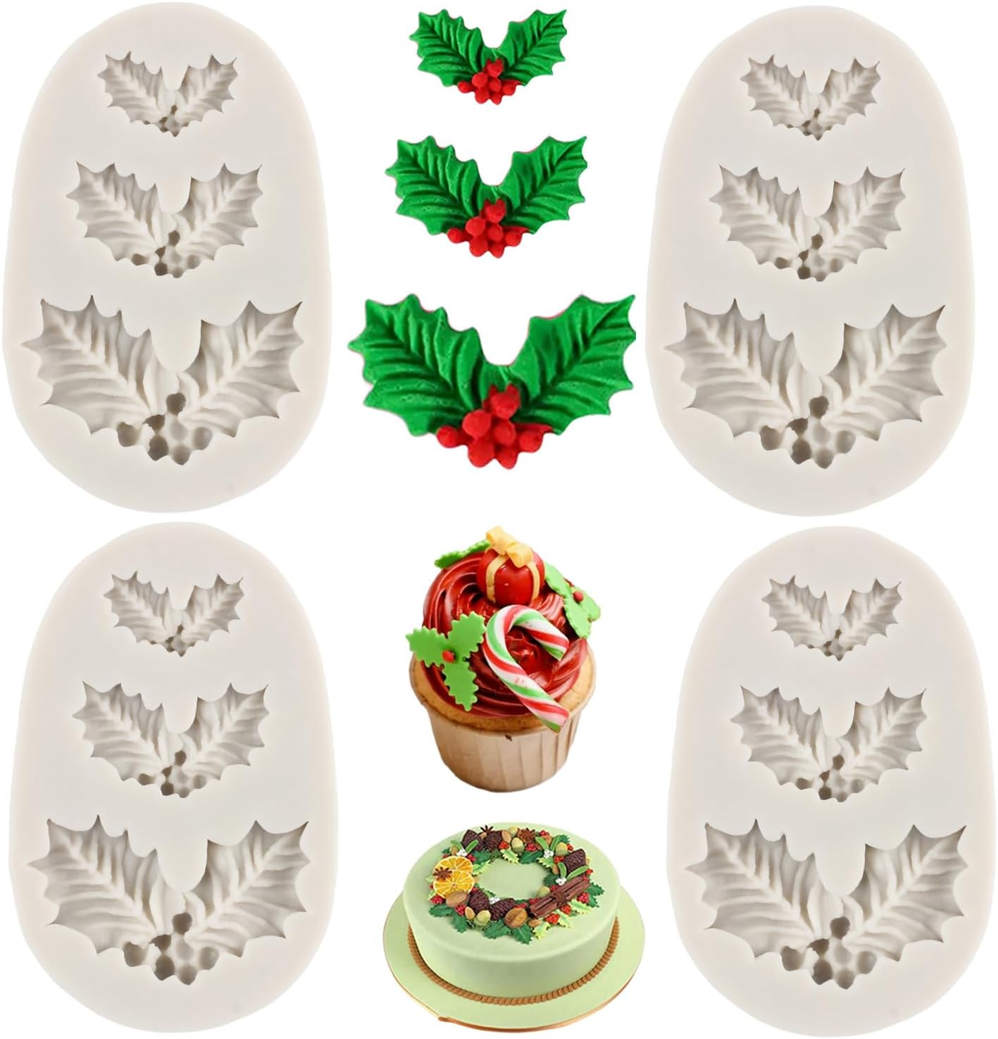 Christmas Silicone Mould Hollyhock Leaves Fondant Mould for Decorating Sugar Cakes Cupcake Topper Polymer Clay Candy Chocolate Gum Paste Set of 4 image number 5