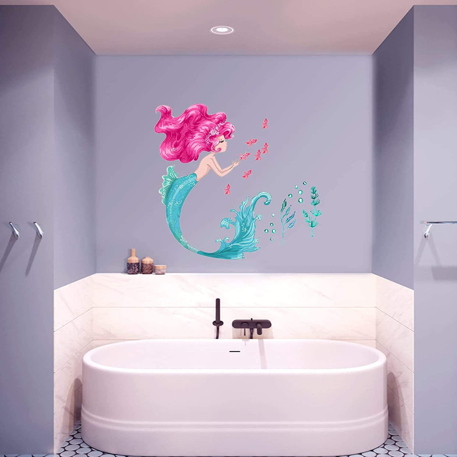 Maydahui Little Mermaid Wall Decal Mermaid Fish Seaweed Bubble Wall Sticker(22 * 24Inch) Peel & Stick Removable DIY Art Decor for Kids Bedroom Nursery Bathroom