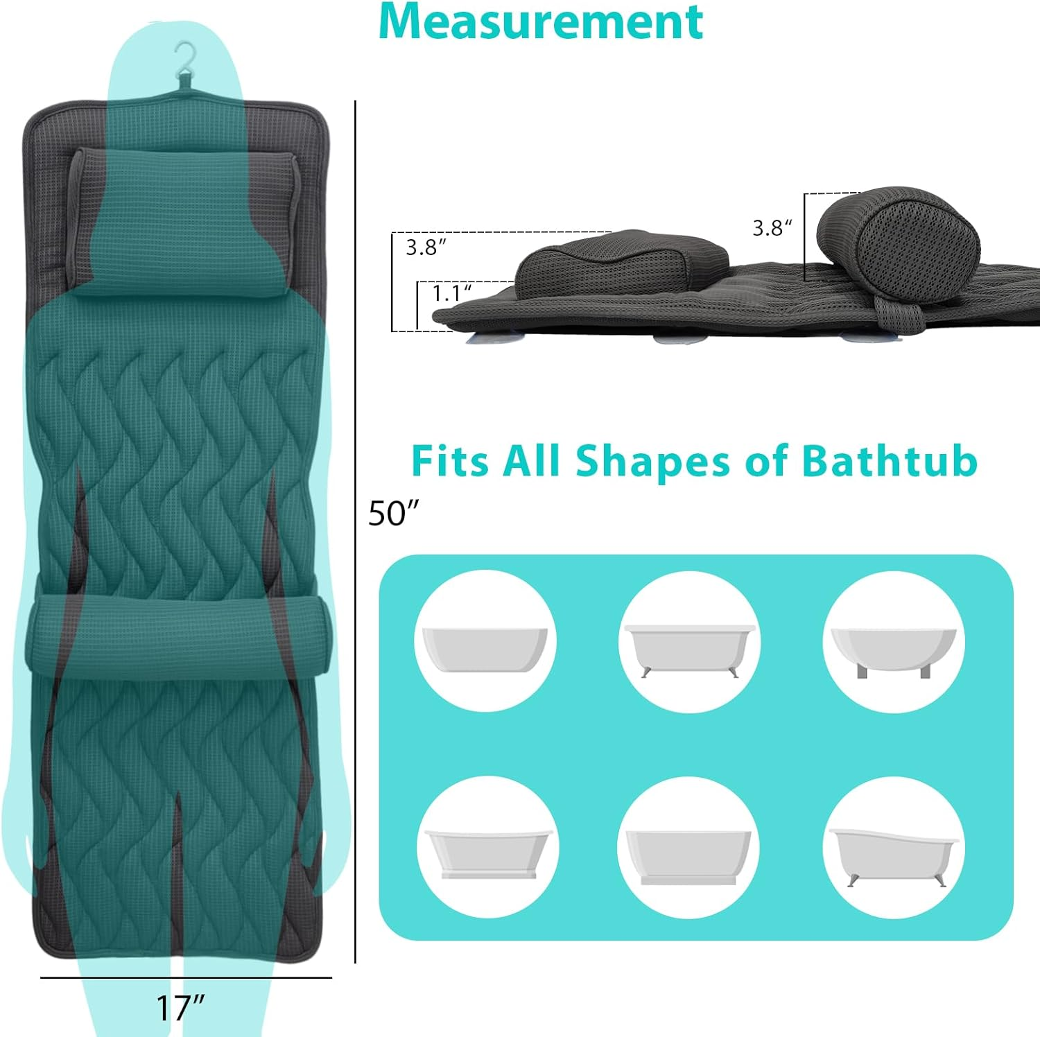 Full Body Bath Pillow with Adjustable Lumbar Roll Pillow Bathtub Cushion with 14 Suction Cups 3D Air Mesh Fit Any Tub Gray Bathroom Accessories