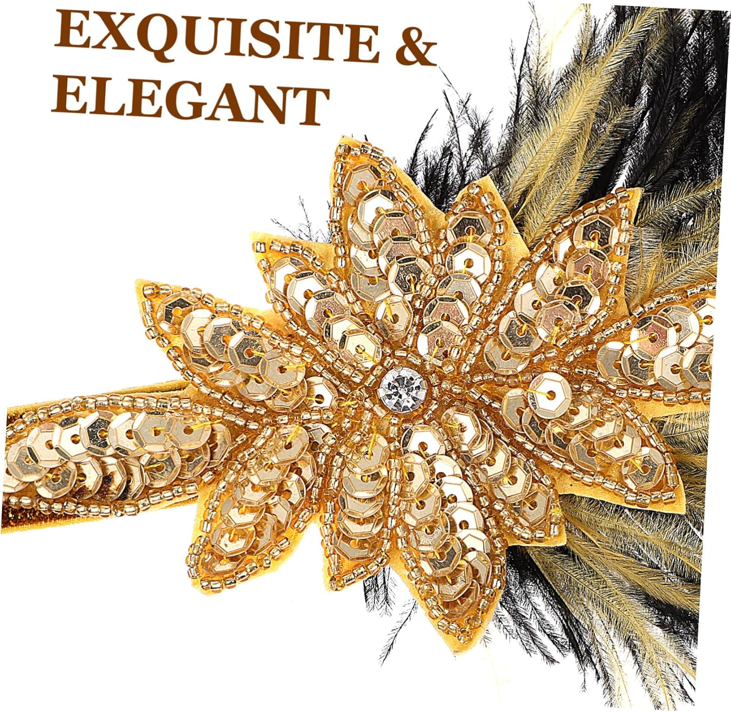 FONDOTIN Vintage Flapper Headband with Golden Feathers and Rhinestones, Elastic Hair Accessory for Women, Suitable for Years Parties, Weddings and Costume Parties image number 3