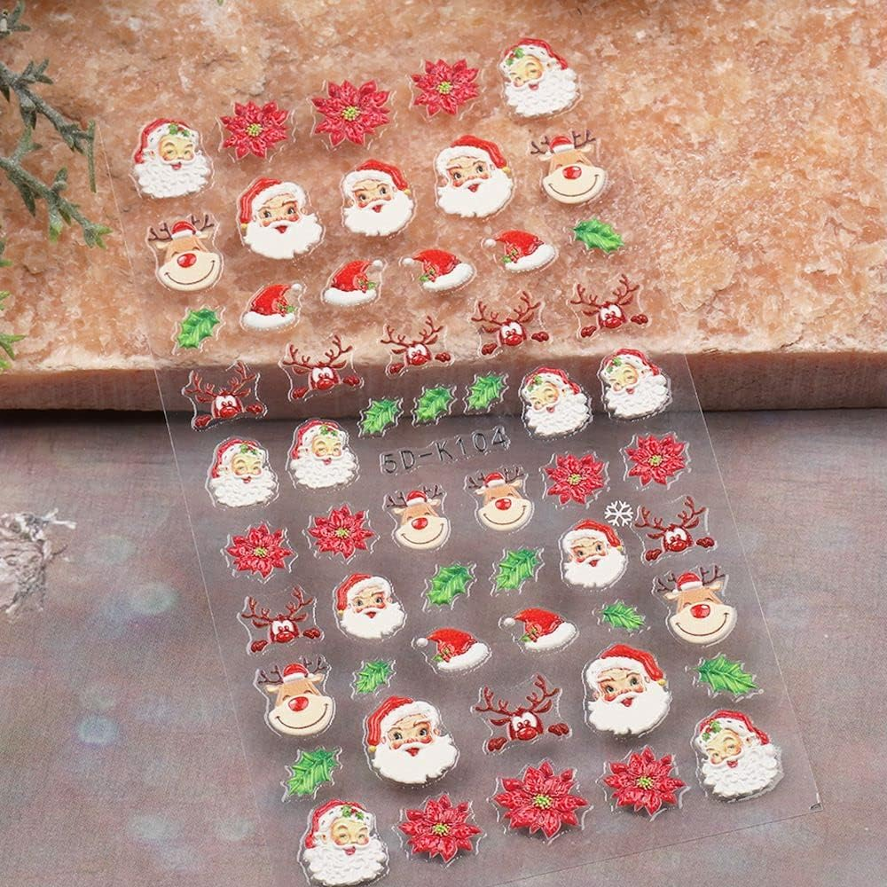 3D Embossed Christmas Nail Art Stickers Decals 4 Sheets 5D Self-Adhesive Pegatinas U&ntilde;as Holiday Red Snowflakes Snowman Nail Supplies Nail Art Design Decoration Accessories - Flower image number 6