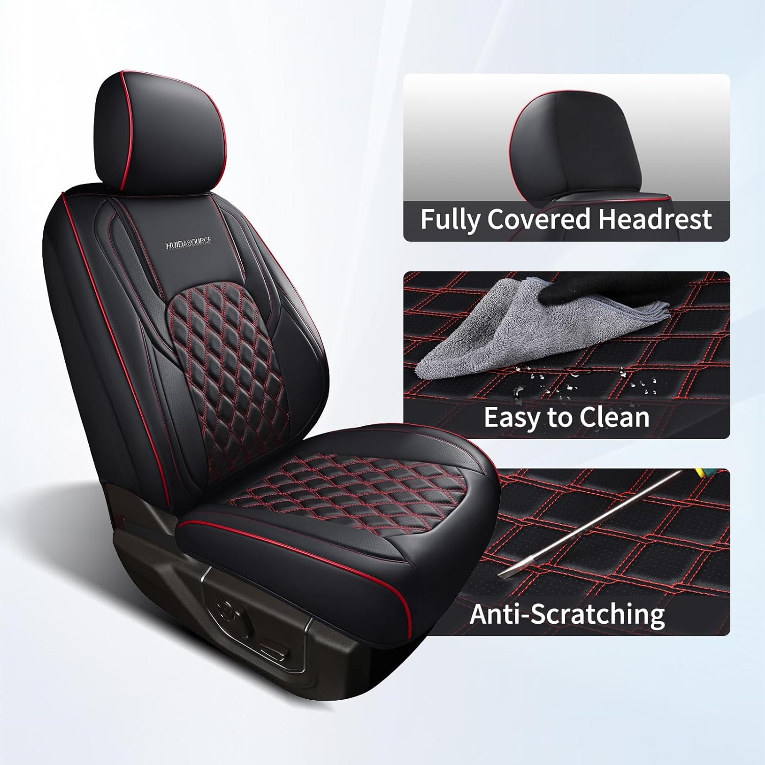 Huidasource Dodge Ram Seat Covers, Front & Rear Pickup Truck Leather Seat Cover Fit for 2009-2018 1500, 2010-2023 2500/3500 Crew Mega Cab, 2019-2023 Ram 1500 Classic Only(Full Set/Black&Red)