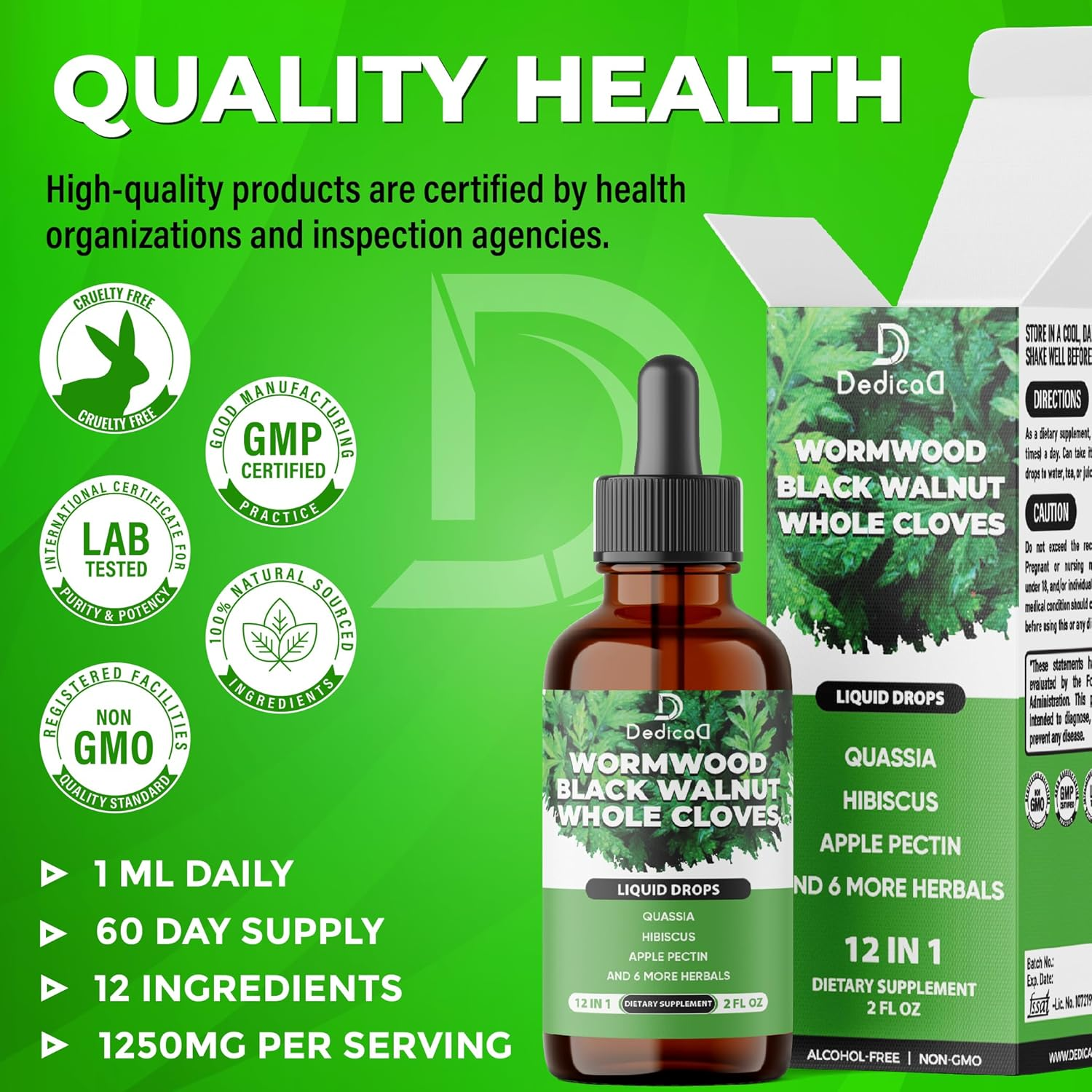 DEDICAD 12In1 Wormwood Liquid Drops - Black Walnut Wormwood Tincture Liquid Extract Whole Cloves and 9 More Herbs - 60 Days Supply image number 2