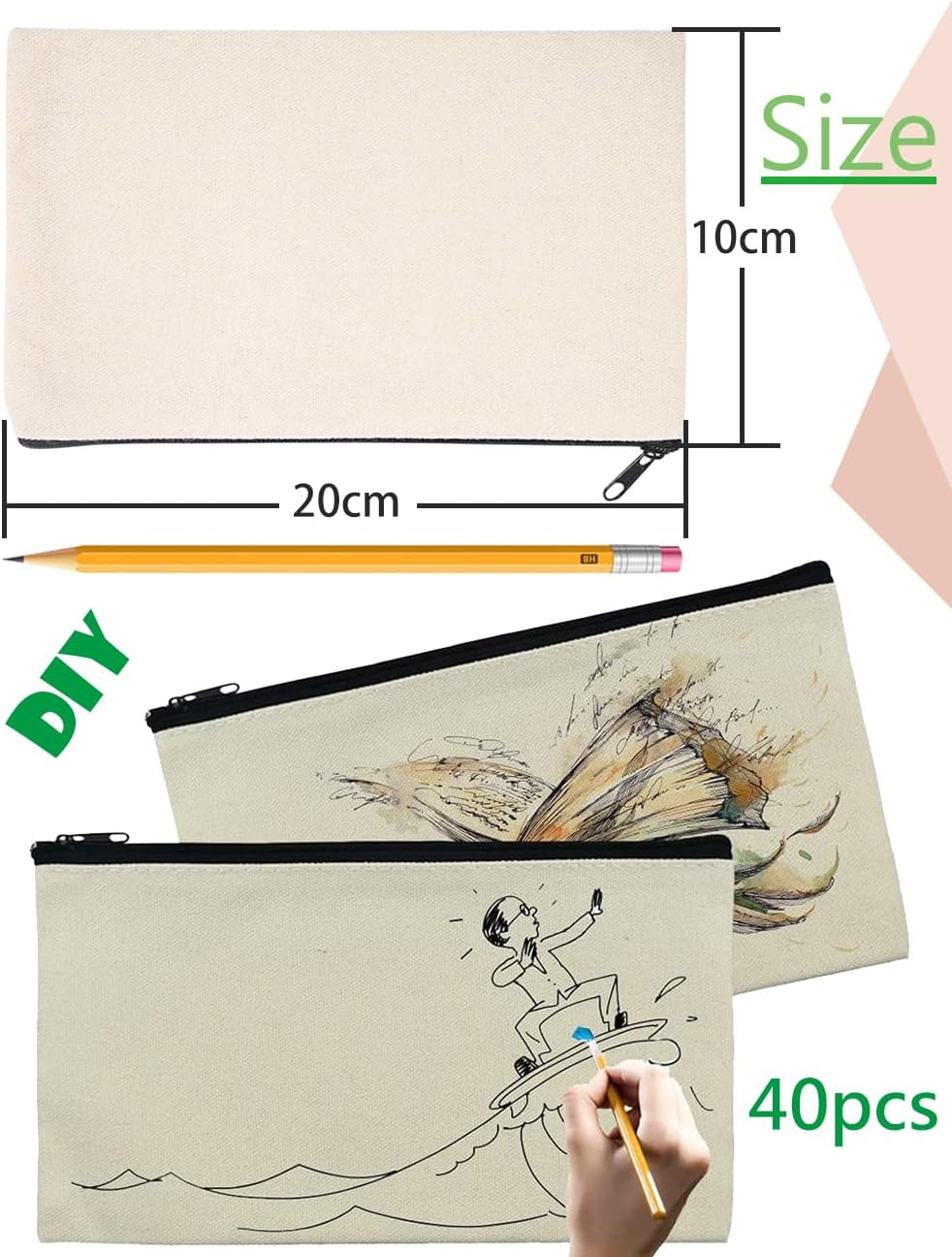 60 PCS Blank DIY Craft Pencil Bag, Canvas Zipper Pouch Bags, Storage Bag Pencil Case, Graffiti Stationery Bag, Multi-Purpose Cosmetic Bag, Makeup Bags to Store Personal Belongings for Work and Travel image number 4