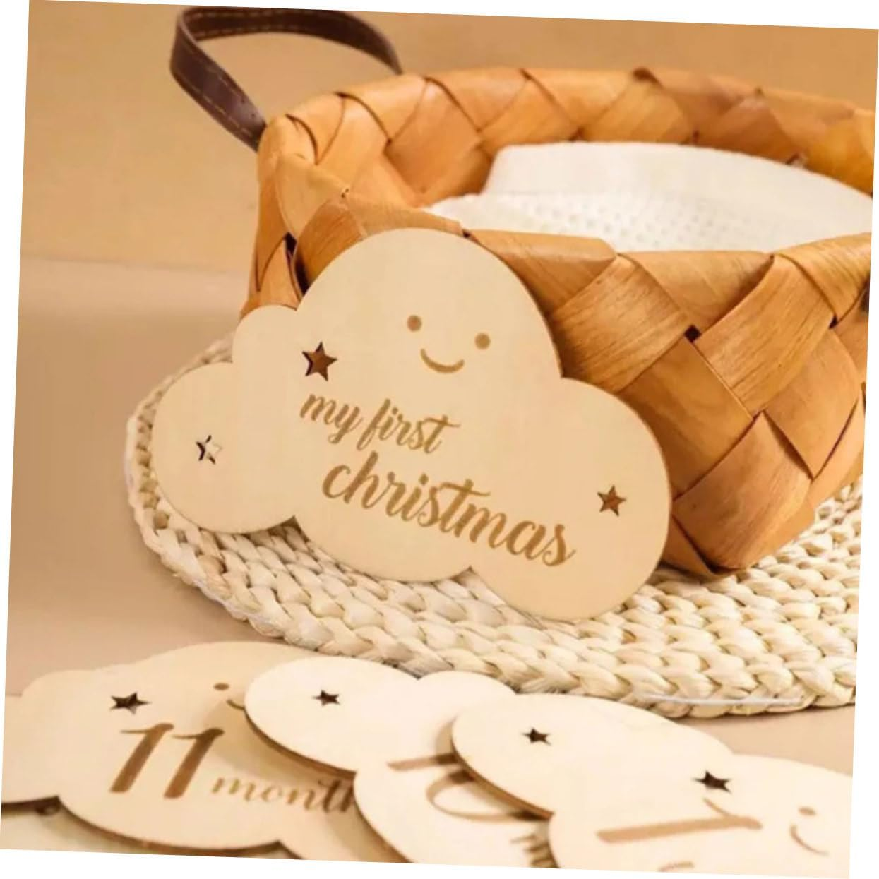 Cloud Shaped Wooden Announcement Cards Monthly Photo Markers for Newborn Milestones Double Sided Discs for Documenting Growth Journey Durable and Adorable Keepsake image number 3