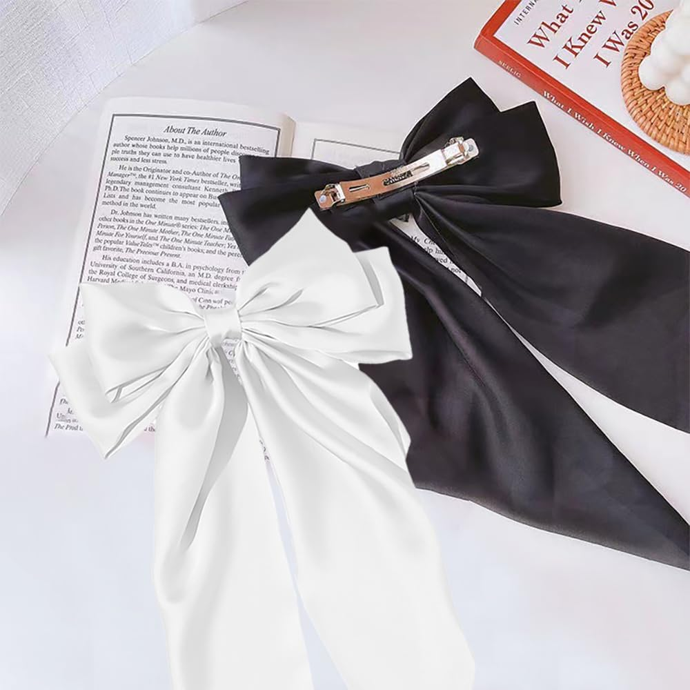 TRKETK 2 PCS Bow Hair Clips, Hair Accessories for Girls Solid Color Bowknot Hairpin French Barrette with Long Ribbon Hair Fastener Accessories Soft Satin Silky Hair Bows for Women Girls(Black+White) image number 1
