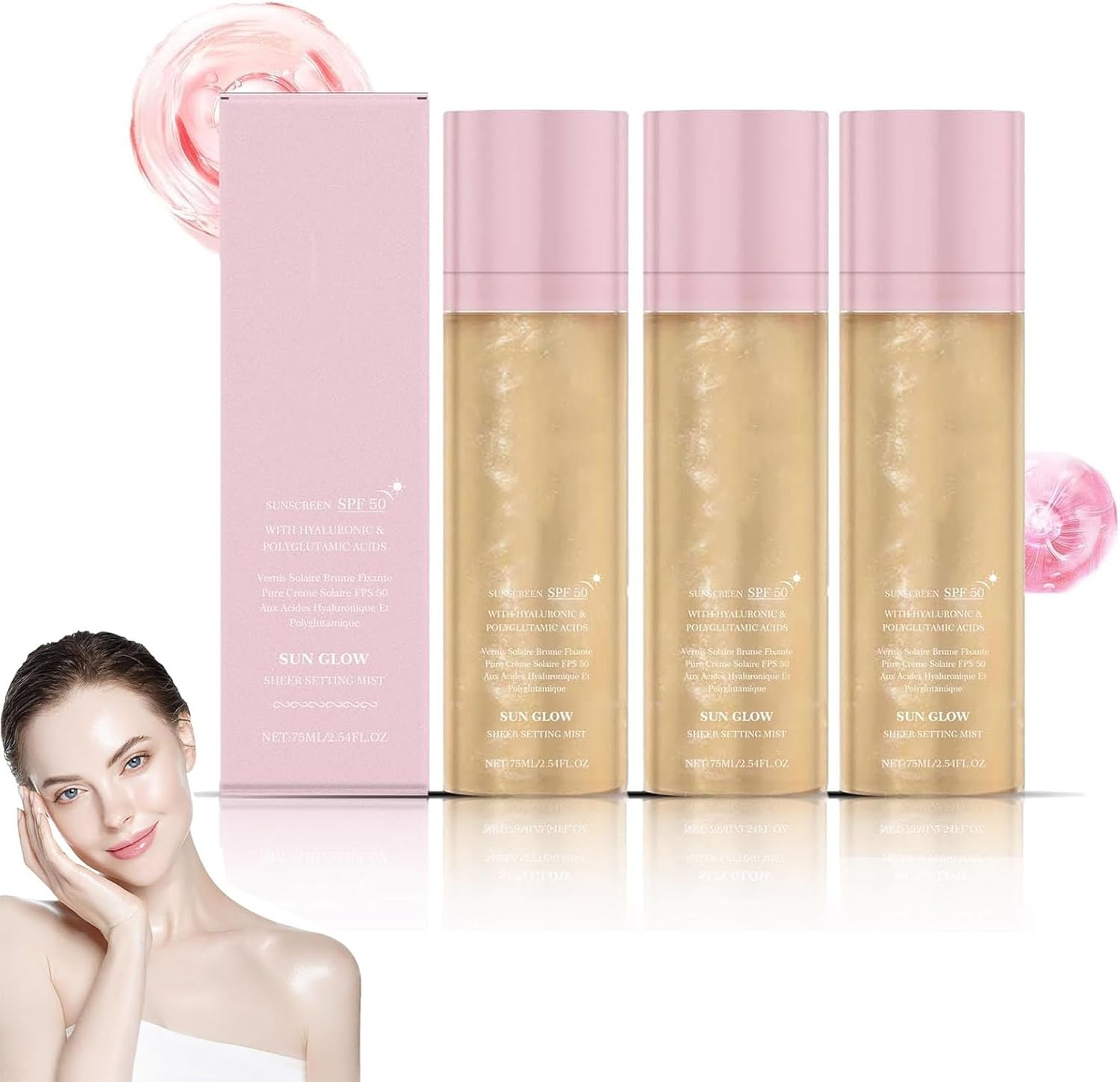 Sunglaze Sheer Setting Mist Sunscreen Spf 50, Spf Setting Spray with Non-Greasy Formula, Shimmer Sunscreen Spray for Water-Resistant Face & Bodyspray, Gives Skin a Glowy Finish Hydrating Mist (2Pcs)