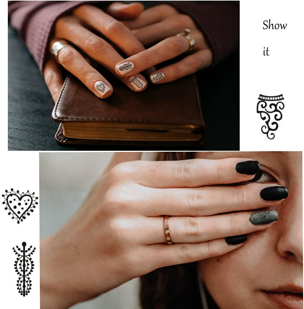 13 Sheets Black Nail Stickers Boho Retro Nail Decals Black Nail Tattoos Water Transfer Nail Decals Nails Supply Necklace Jewelry Feather Nail Design for Women Nail Art DIY Decoration image number 6