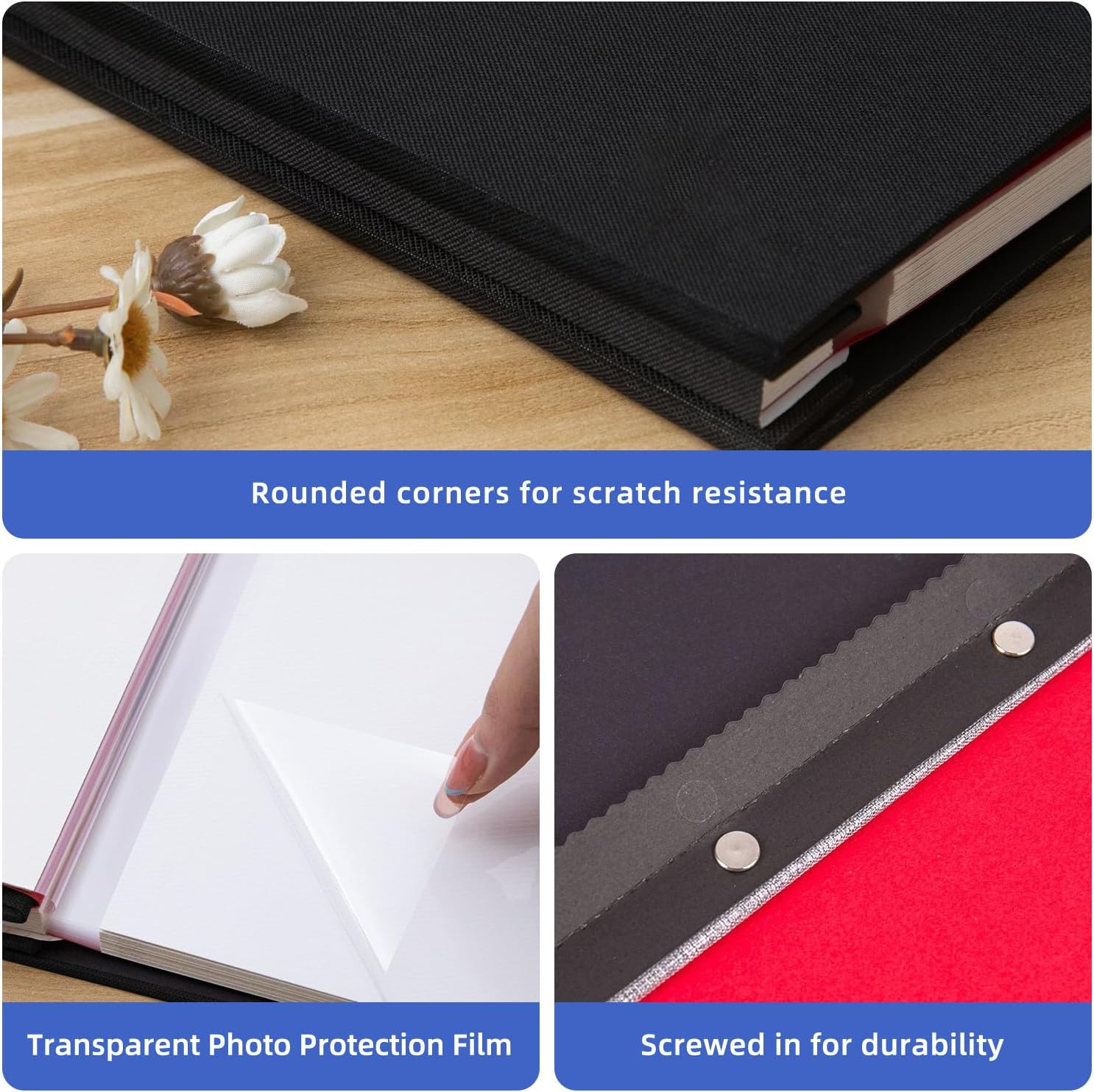 80 Pages Photo Album Self Adhesive, Diy Linen Scrapbook Album for 4&times;6 5&times;7 8&times;10 Inch Diy Scrapbook with 4 Metal Pens for Baby'S Growth Record, Wedding Scrapbook, Graduation Guestbook, Etc.(Black) image number 6