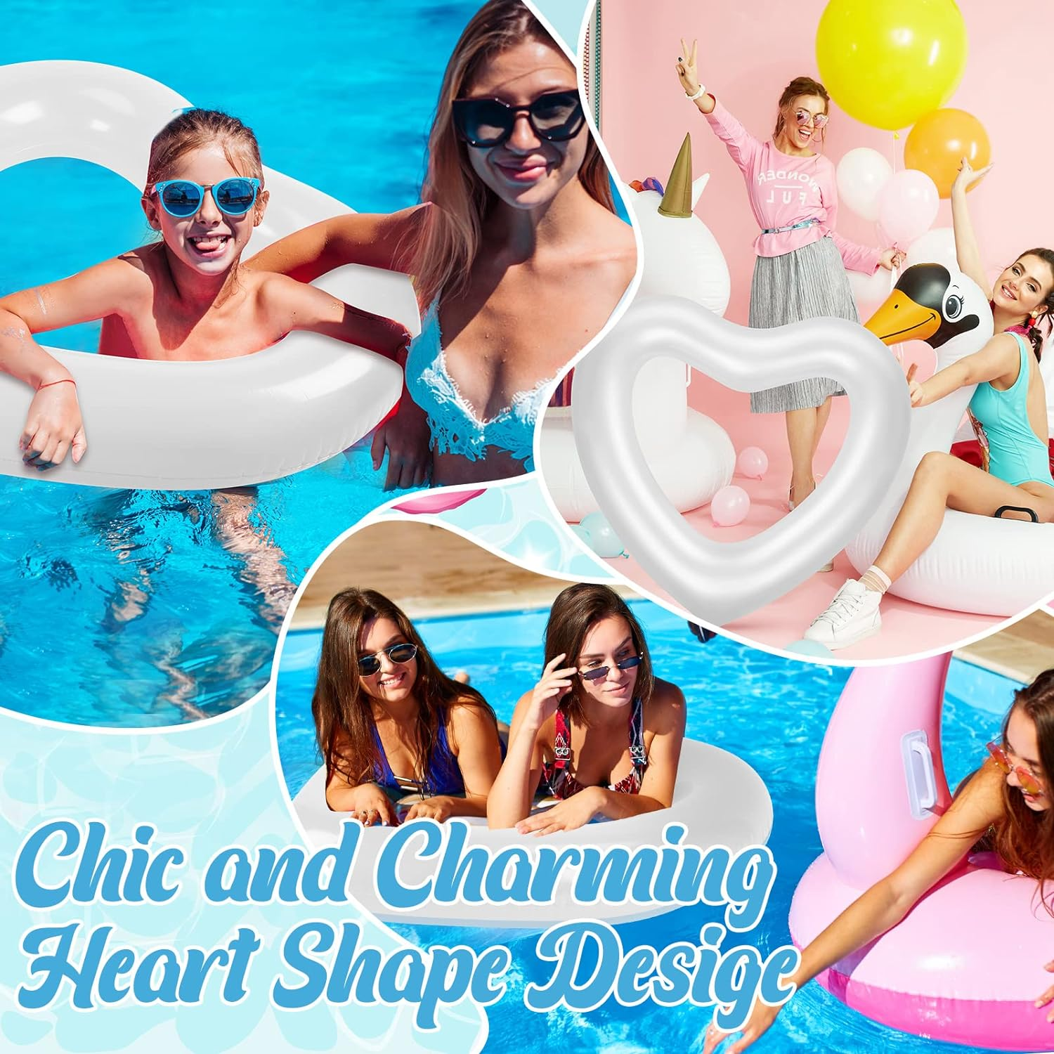 Junkin 47.3 X 39.4 Inch White Heart Pool Float Inflatable Swim Water Ring Float Swimming Pool Float Bachelorette Pool Float Loungers Tube for Engagement, Wedding, Summer Beach Party image number 4
