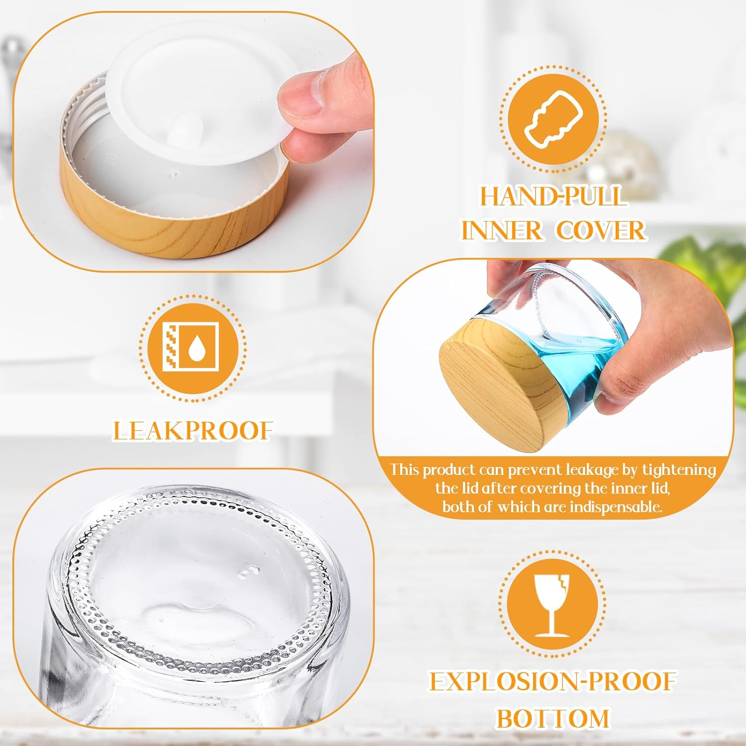 Layhit 64 Pcs 2Oz Glass Jars with Lids Clear Small Jars with Plastic Woodgrain Lids, White Labels and Inner Liners Empty round Cosmetic Containers for Creams Lotions Candle Making(2Oz/ 60Ml) image number 2