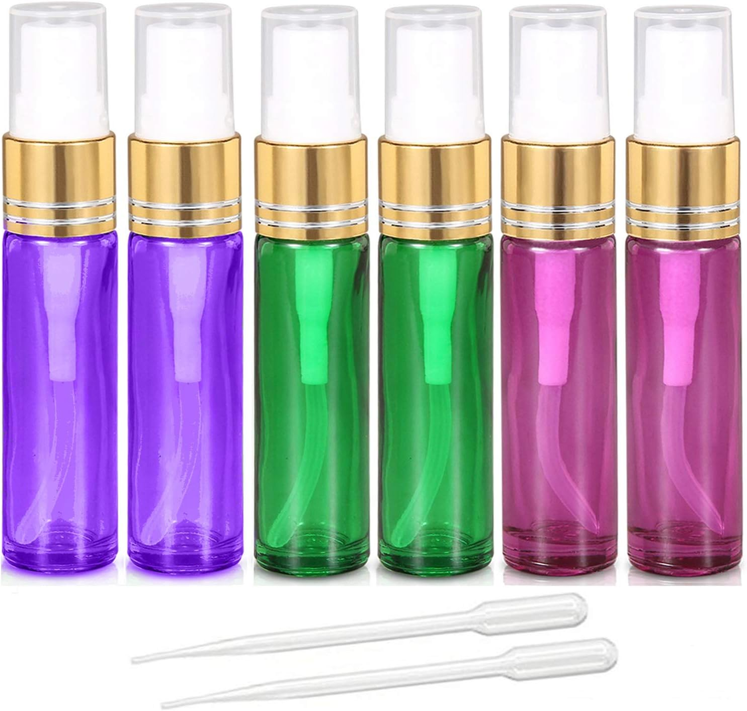 Jamhoodirect 6Pcs 10Ml Empty Glass Spray Bottles with Golden Fine Mist Sprayers, Travel Atomiser Refillable Portable Container Includes 2 Droppers for Essential Oils, Perfume or Night Out Fragrance, Purple, Green, Rose Red, 10Ml, #1 10Ml Spray Bottles image number 5