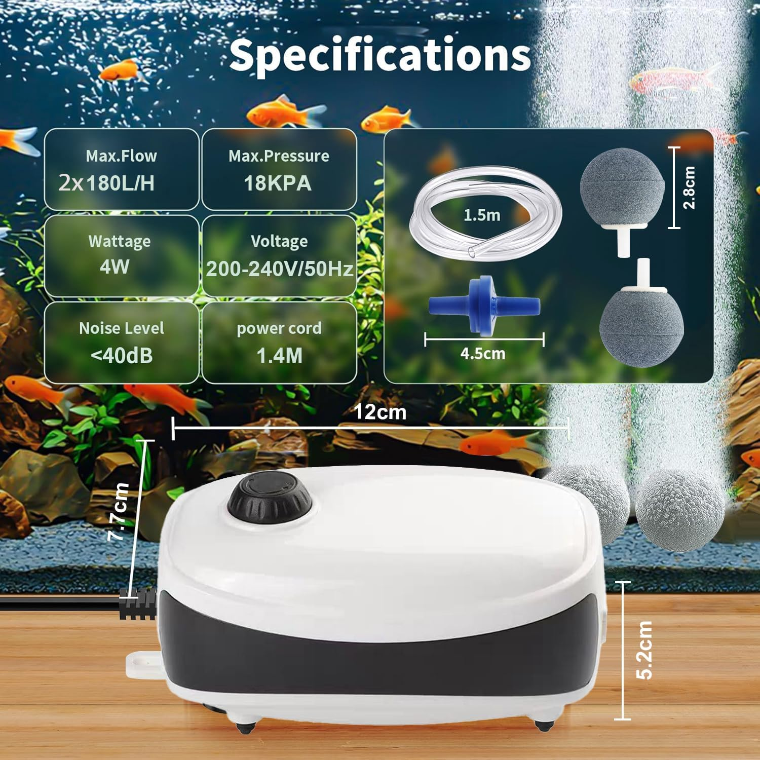 Fish Tank Air Pump Dual Outlet 4W Aquarium Electric Air Pump, 6L/Min Quiet Adjustable Oxgen Pump, Aquarium Air Bubbler with All Accessories for up to 40-650L Fish Tank image number 4
