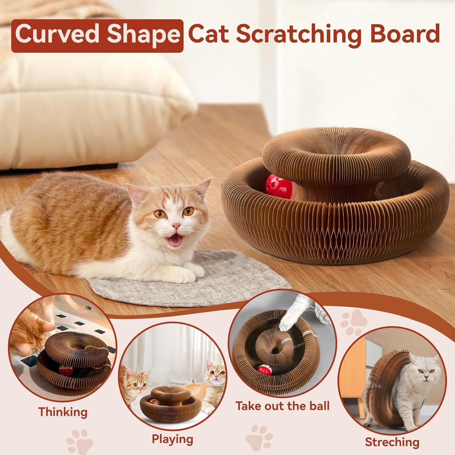 LOVELEDI Cat Scratcher Toy - Kitty Kurlz Cat Scratching Board Toy with a Cat Ball Adventure, Foldable Scratch Pad Cat Accordion Toy for Mental Physical Exercise, Fun Interactive Indoor Cat Toys image number 5