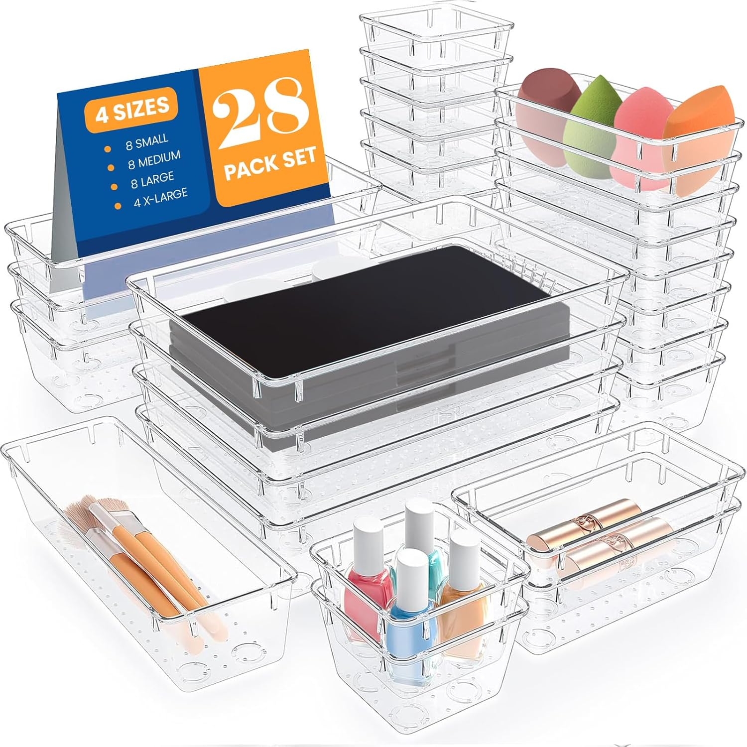 28 PCS Drawer Organiser Set, 4 Sizes Clear Plastic Desk Drawer Divider Organisers for Makeup, Jewelry, Non-Slip Vanity Organizer Trays for Kitchen, Bedroom, Bathroom, Office